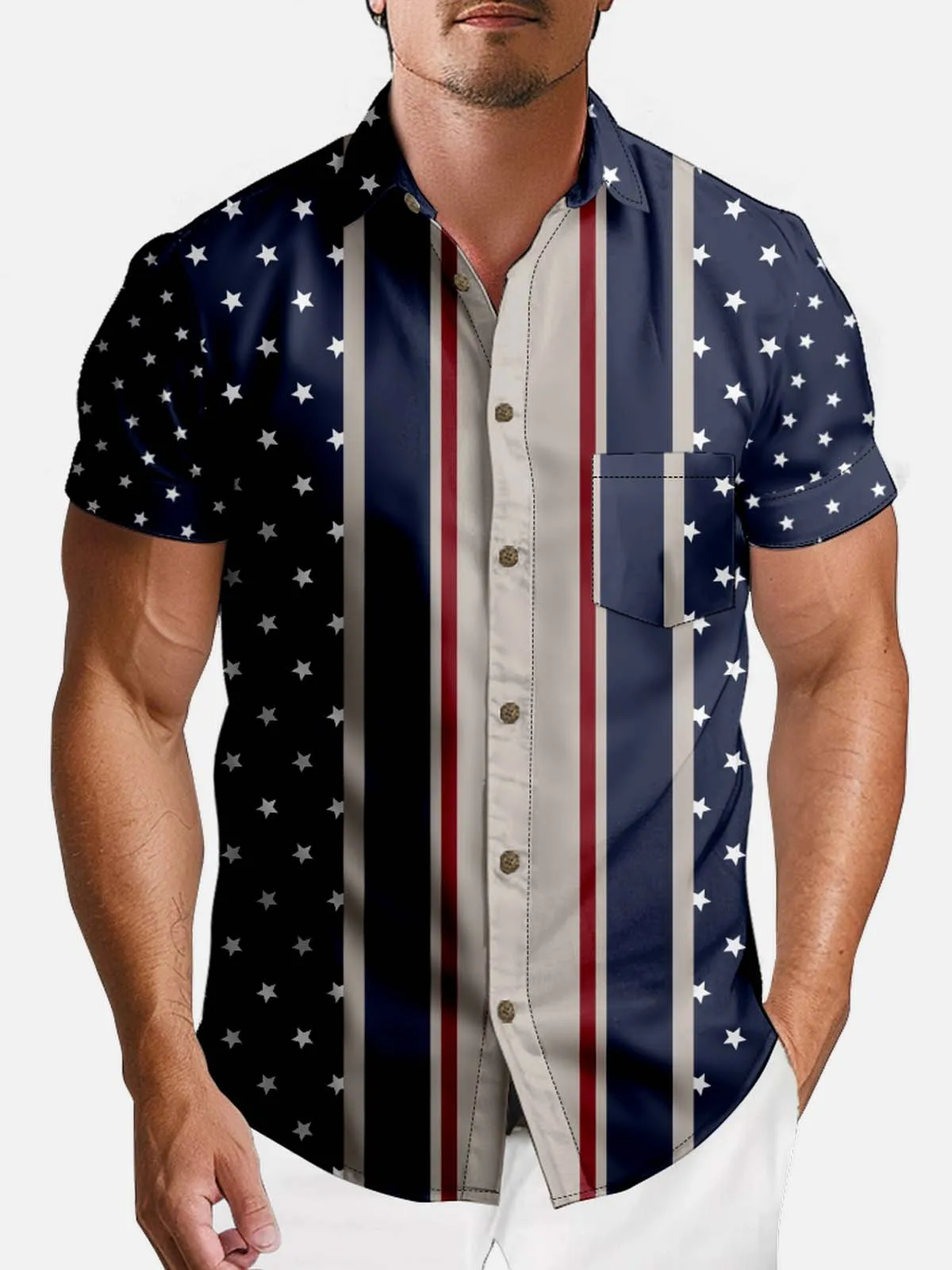 American Pride Spread Collar Short Sleeve Shirt For Men Classic Style Stars sold by Eleven Oasis product image thumbnail 2