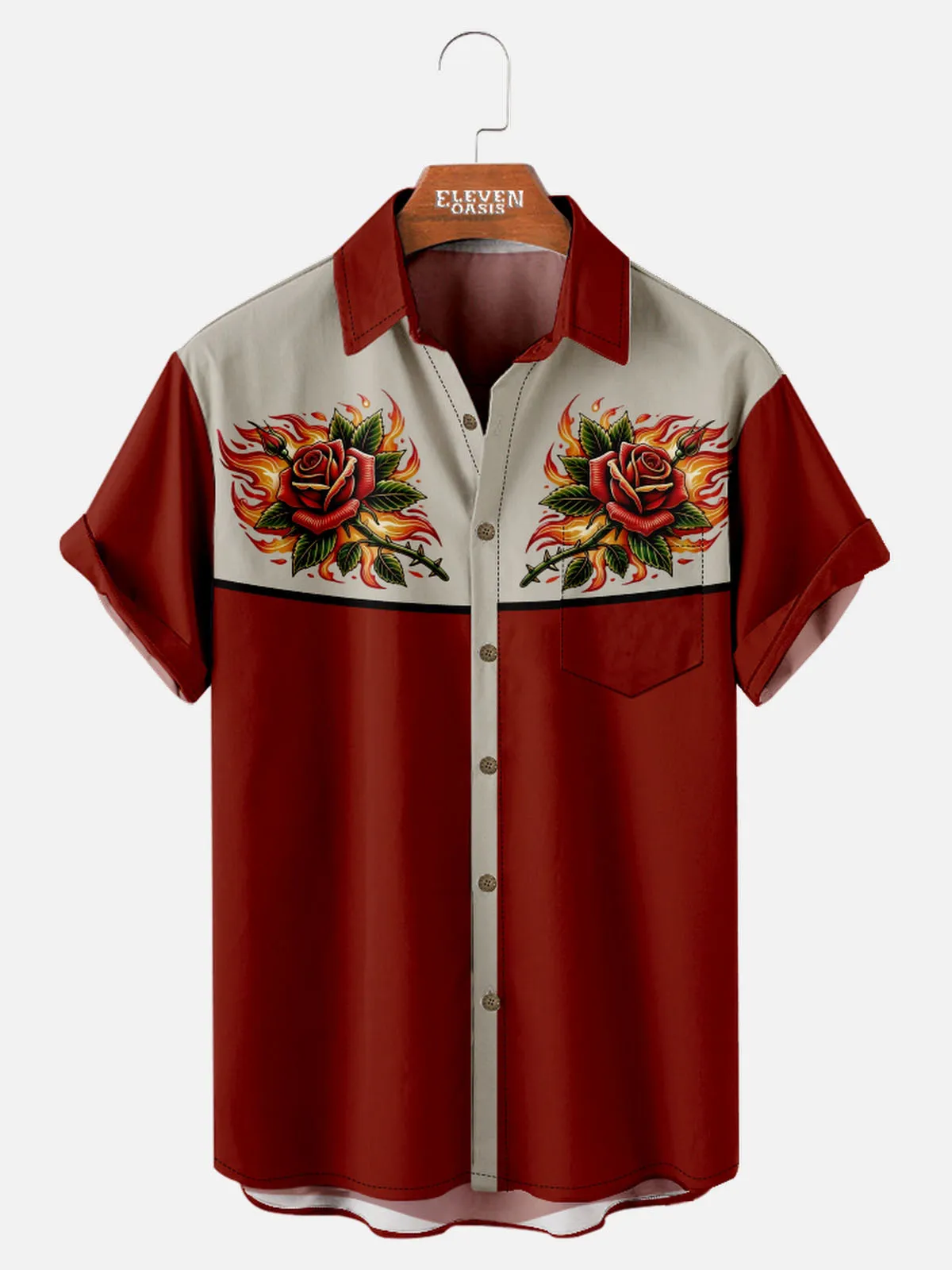 Tall Men's Flaming Rose Panel Short Sleeve Shirt sold by Eleven Oasis