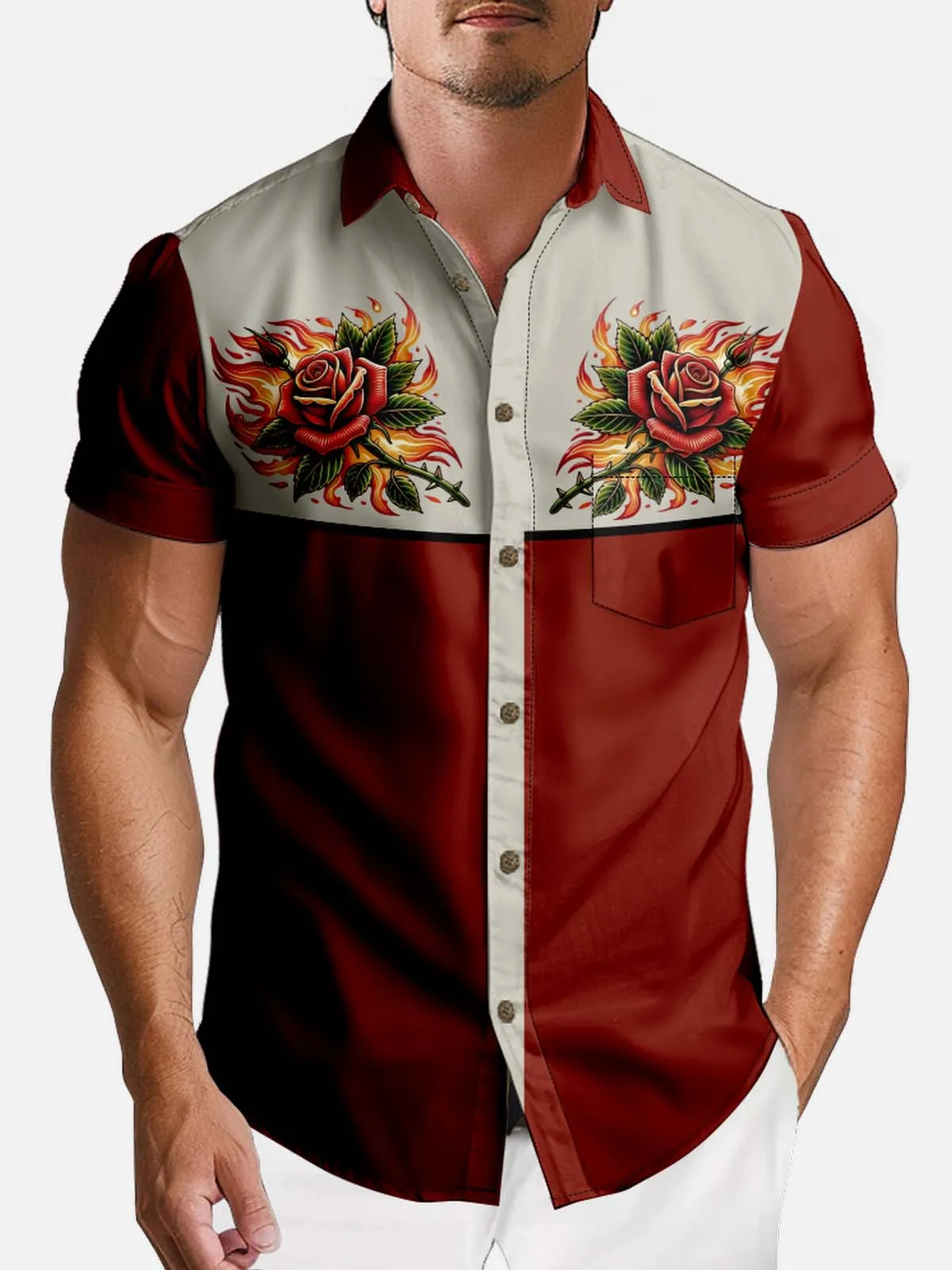 Men's Flaming Rose Panel Short Sleeve Shirt sold by Eleven Oasis product image thumbnail 2