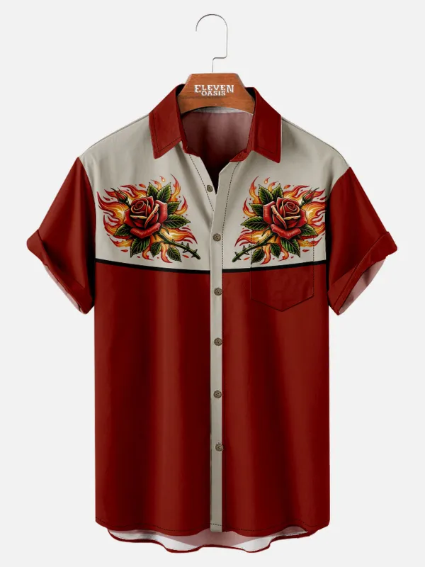Men's Flaming Rose Panel Short Sleeve Shirt sold by Eleven Oasis