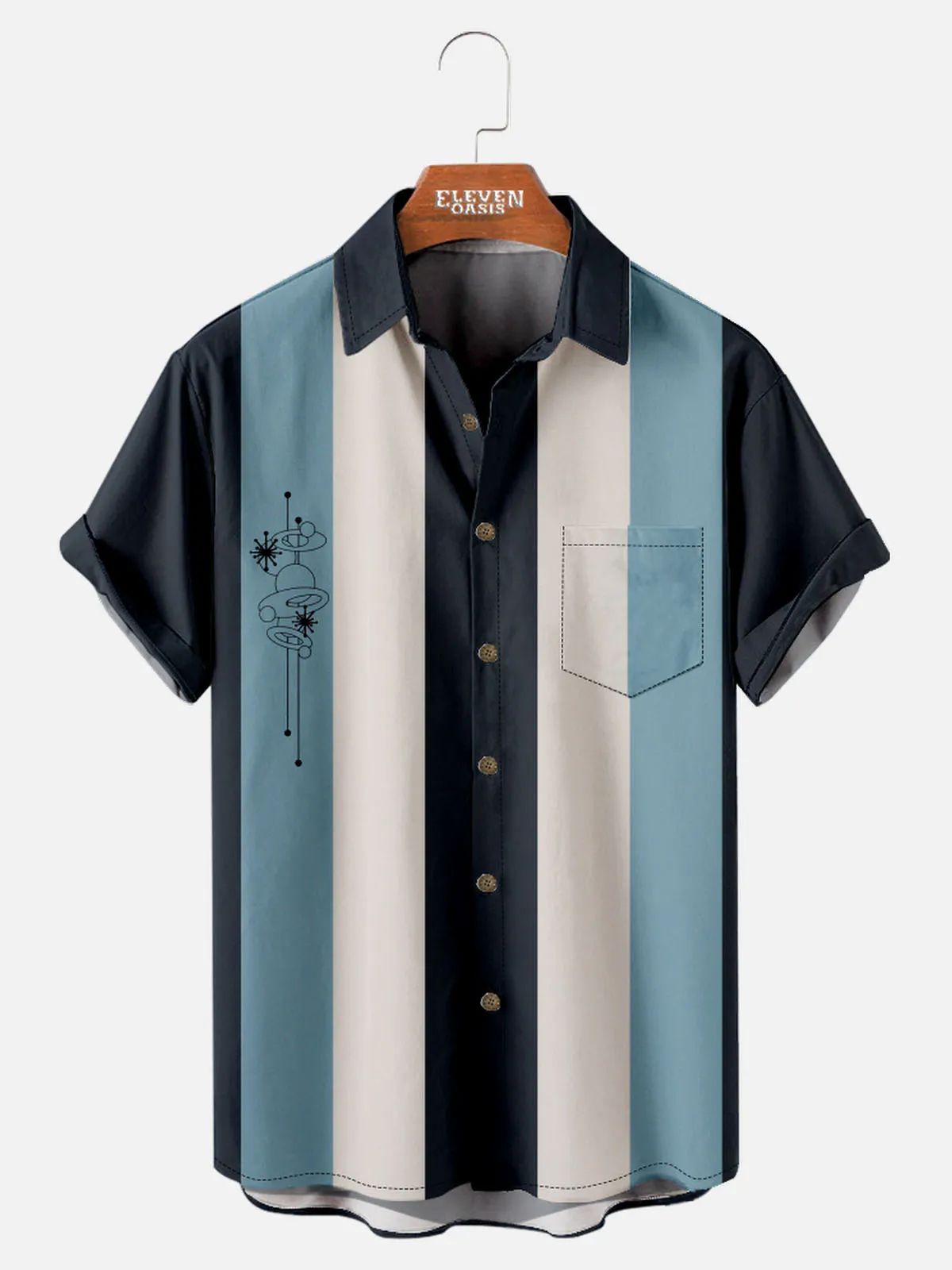 Men's Atomic Age Vertical Stripe Bowling Short Sleeve Shirt sold by Eleven Oasis