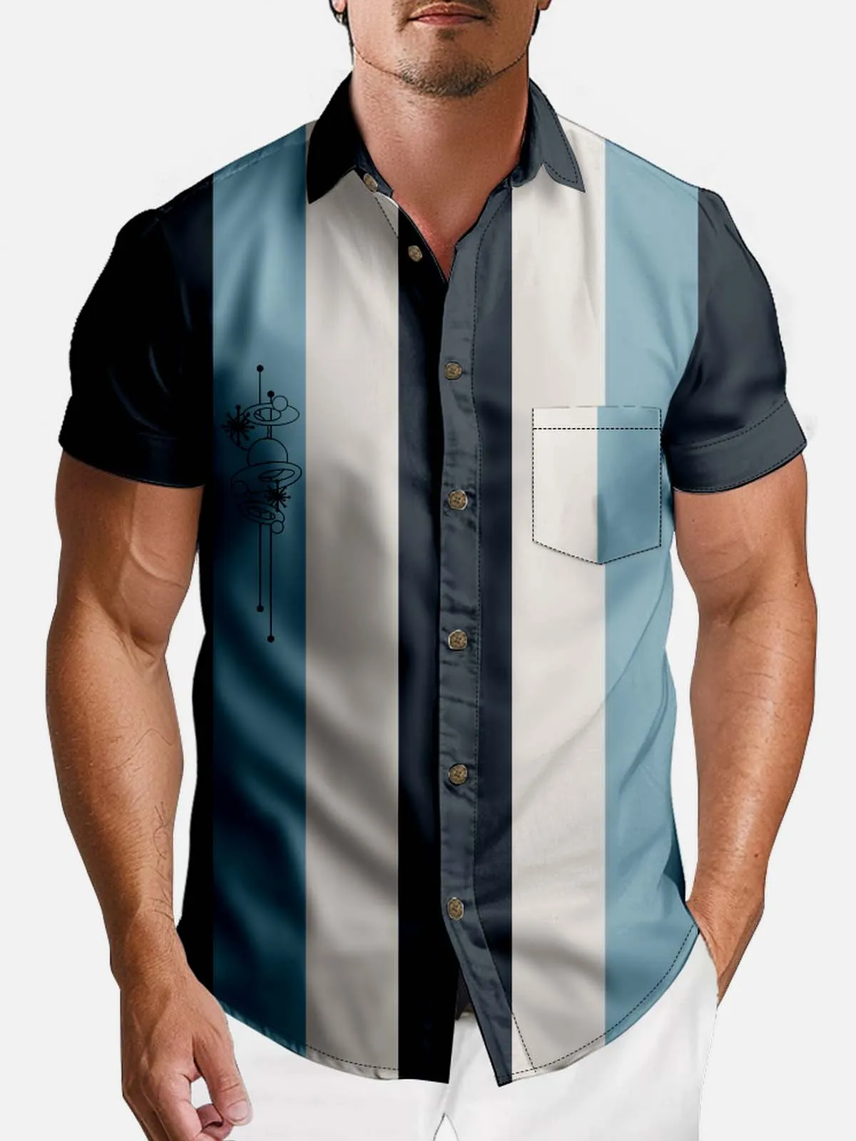 Men's Atomic Age Vertical Stripe Bowling Short Sleeve Shirt sold by Eleven Oasis product image thumbnail 2