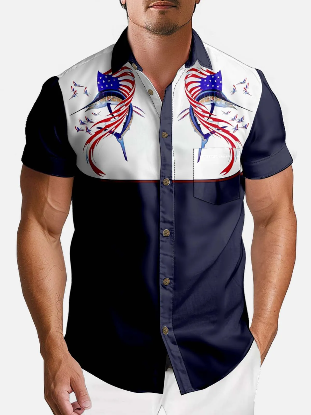 Men's Patriotic Blue Marlin Western Short Sleeve Shirt sold by Eleven Oasis product image thumbnail 2