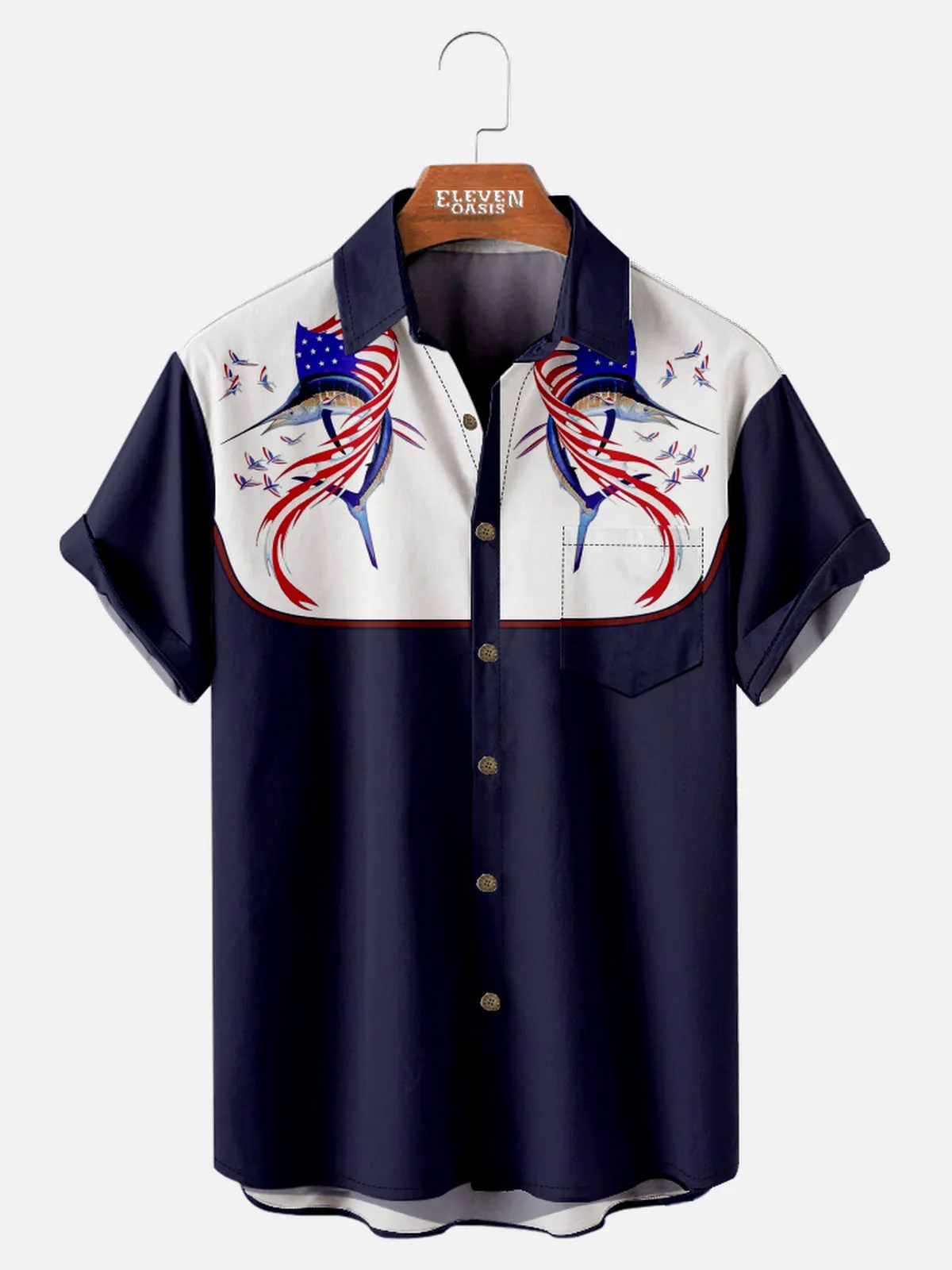 Men's Patriotic Blue Marlin Western Short Sleeve Shirt sold by Eleven Oasis