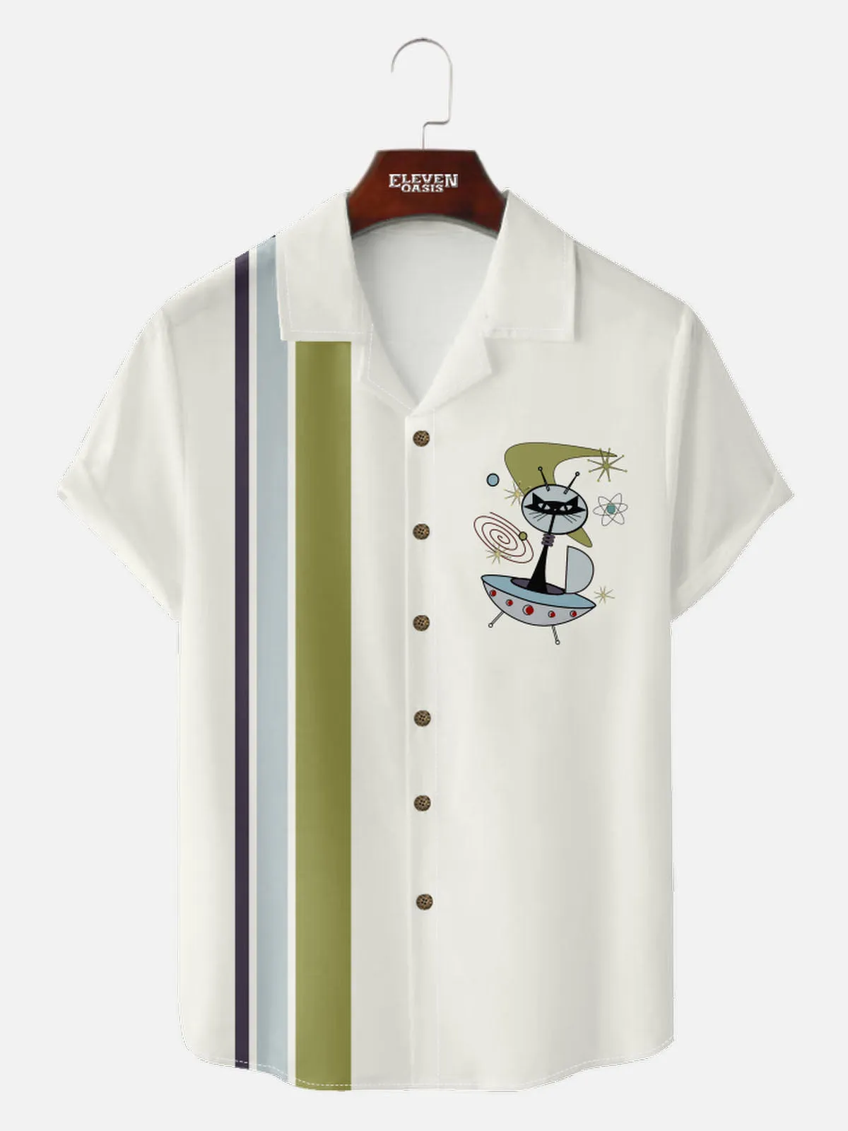 Men's Retro UFO Space Cat Short Sleeve Shirt sold by Eleven Oasis