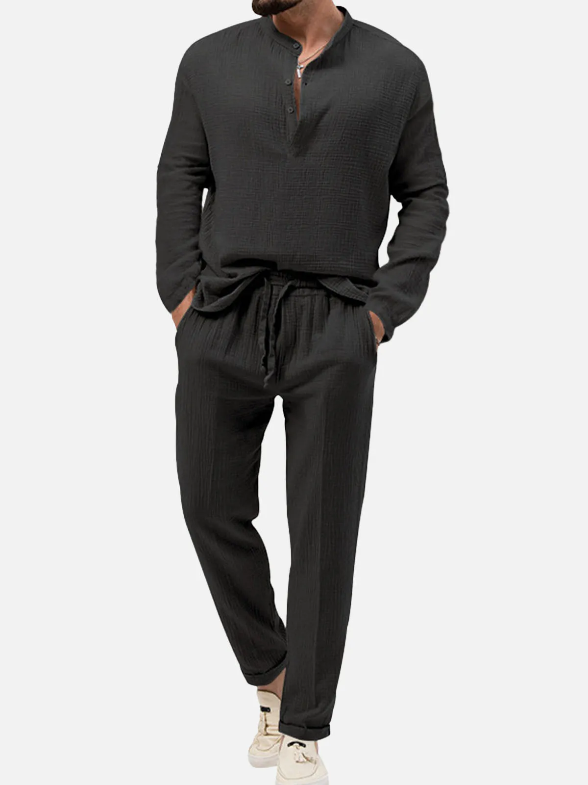 Men's Linen-Look Henley Loungewear Set sold by Eleven Oasis product image thumbnail 4
