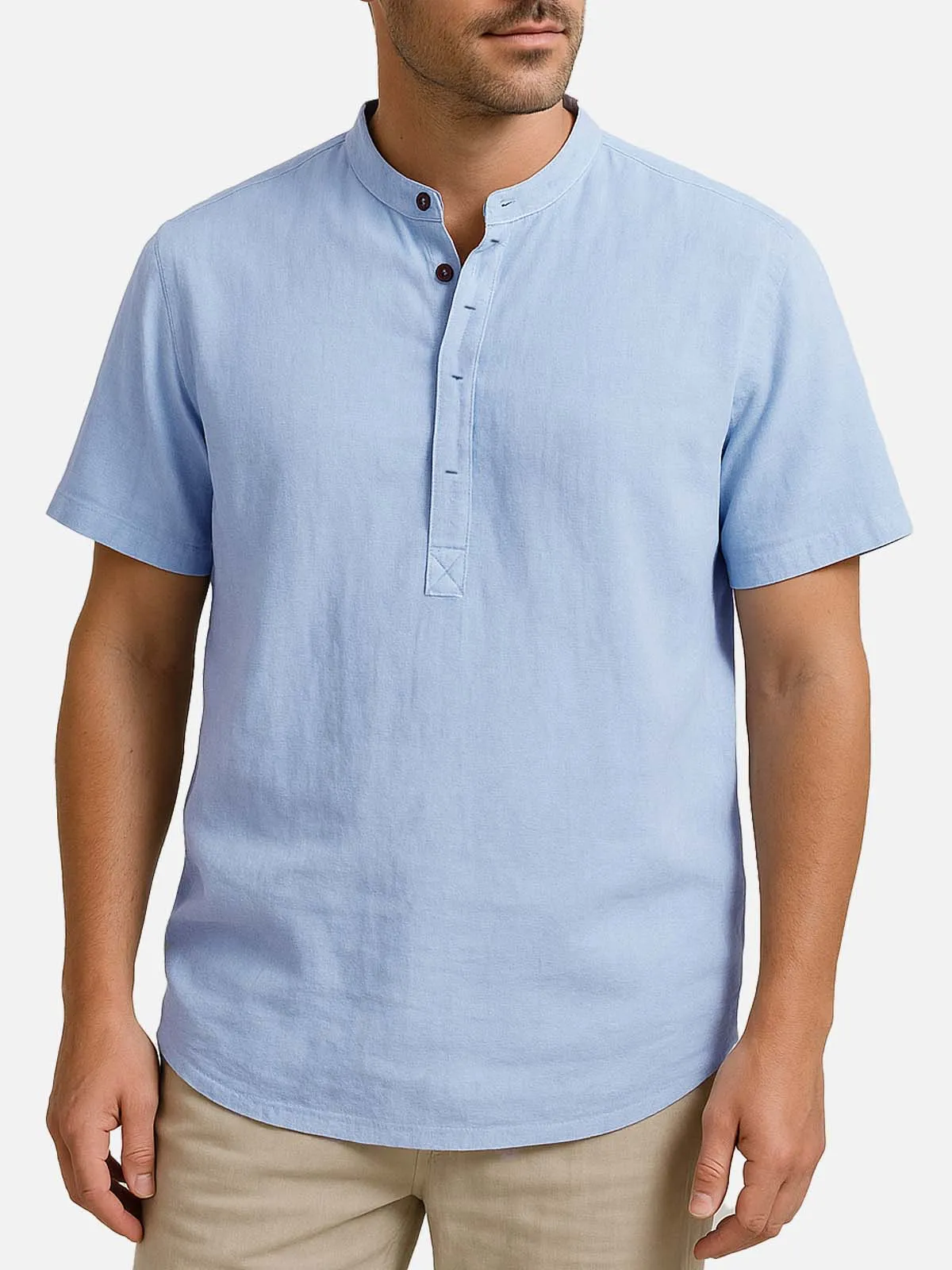 Men's Cotton Linen Band Collar Short Sleeve Shirt sold by Eleven Oasis product image thumbnail 3