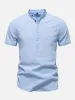 Men's Cotton Linen Band Collar Short Sleeve Shirt sold by Eleven Oasis
