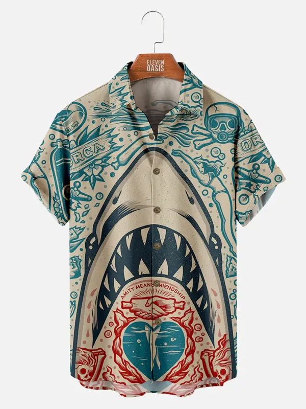 Tall Men's Hawaiian Great White Shark Pattern Short Sleeve Shirt sold by Eleven Oasis