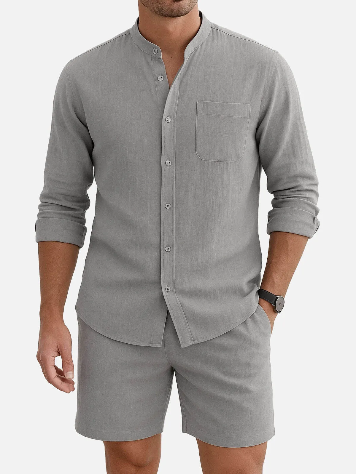 Men's Modern Band Collar Linen Short Set sold by Eleven Oasis product image thumbnail 3