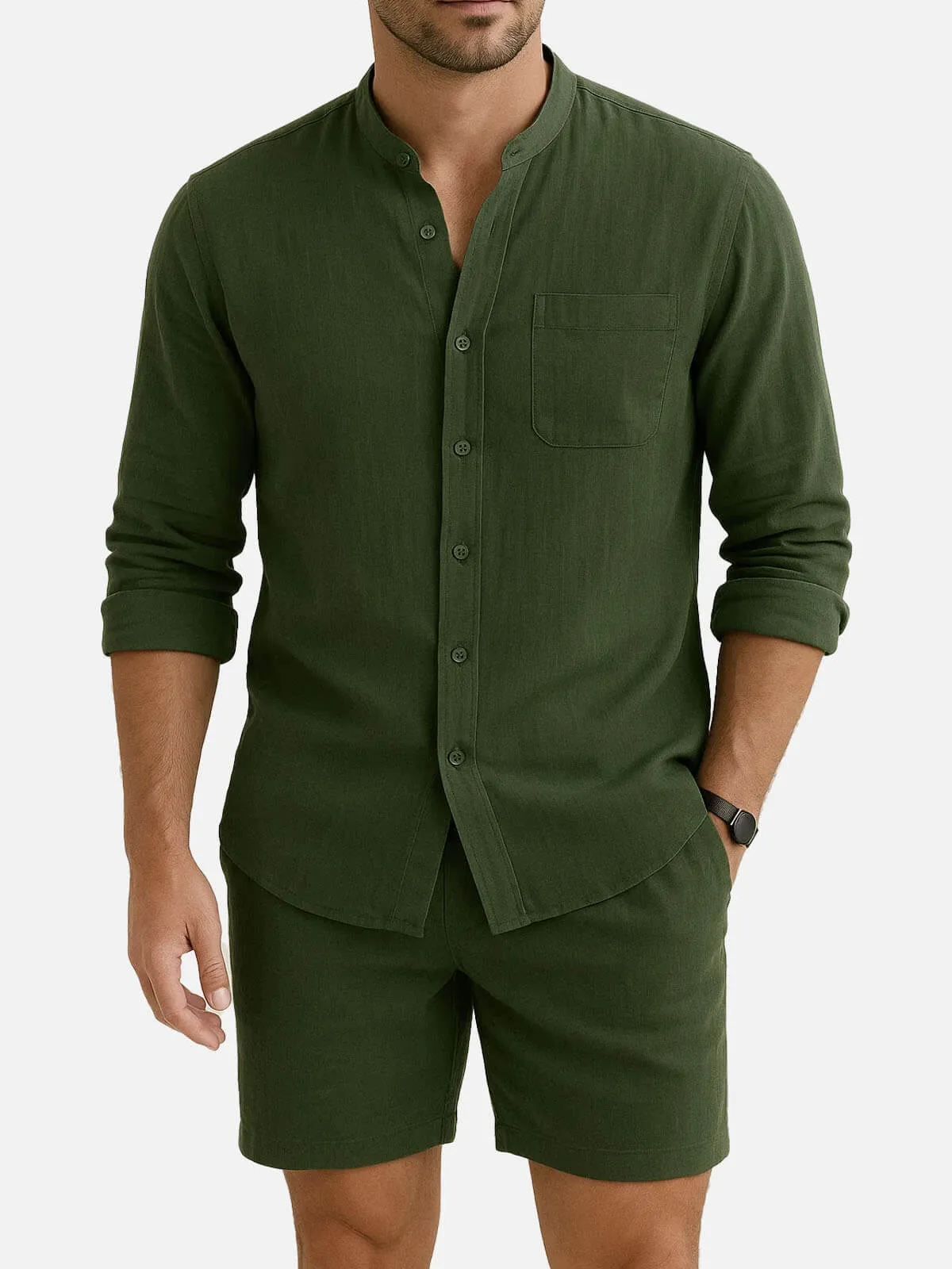 Men's Modern Band Collar Linen Short Set sold by Eleven Oasis product image thumbnail 4