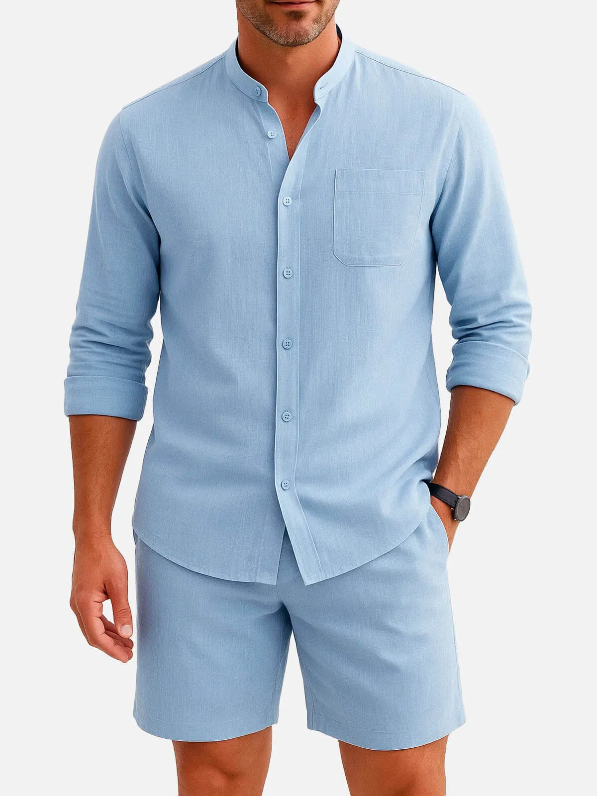 Men's Modern Band Collar Linen Short Set sold by Eleven Oasis