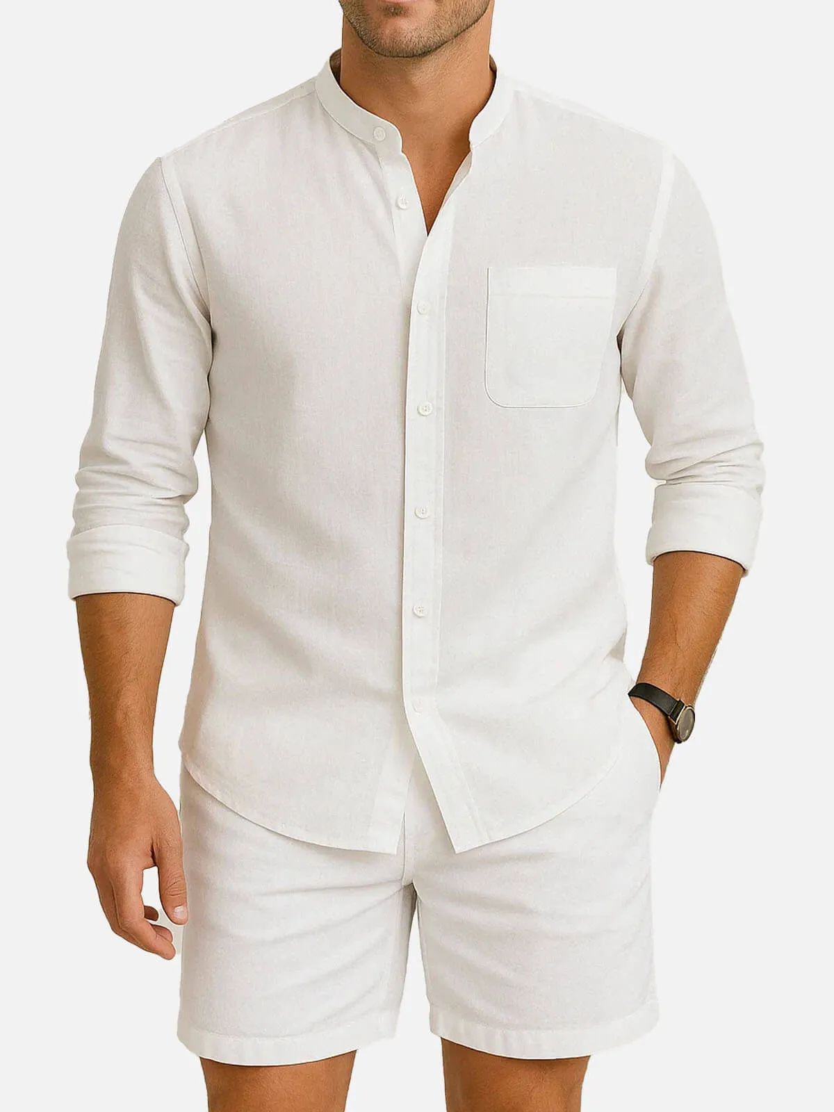 Men's Modern Band Collar Linen Short Set sold by Eleven Oasis product image thumbnail 5