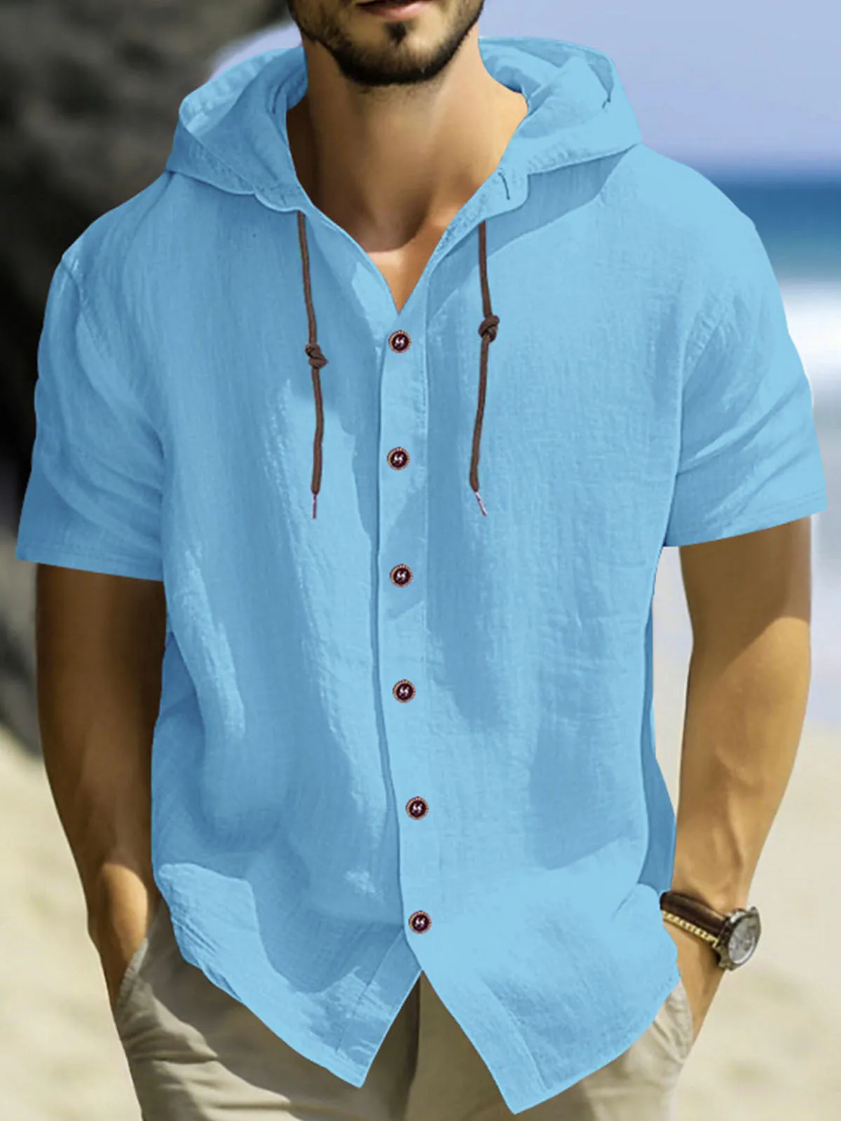Men's Linen Blend Hooded Short Sleeve Shirt sold by Eleven Oasis product image thumbnail 4