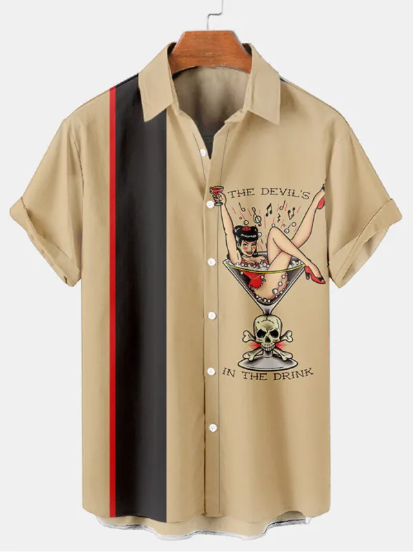 Tall Men's Pinup Martini Devil Short Sleeve Shirt sold by Eleven Oasis