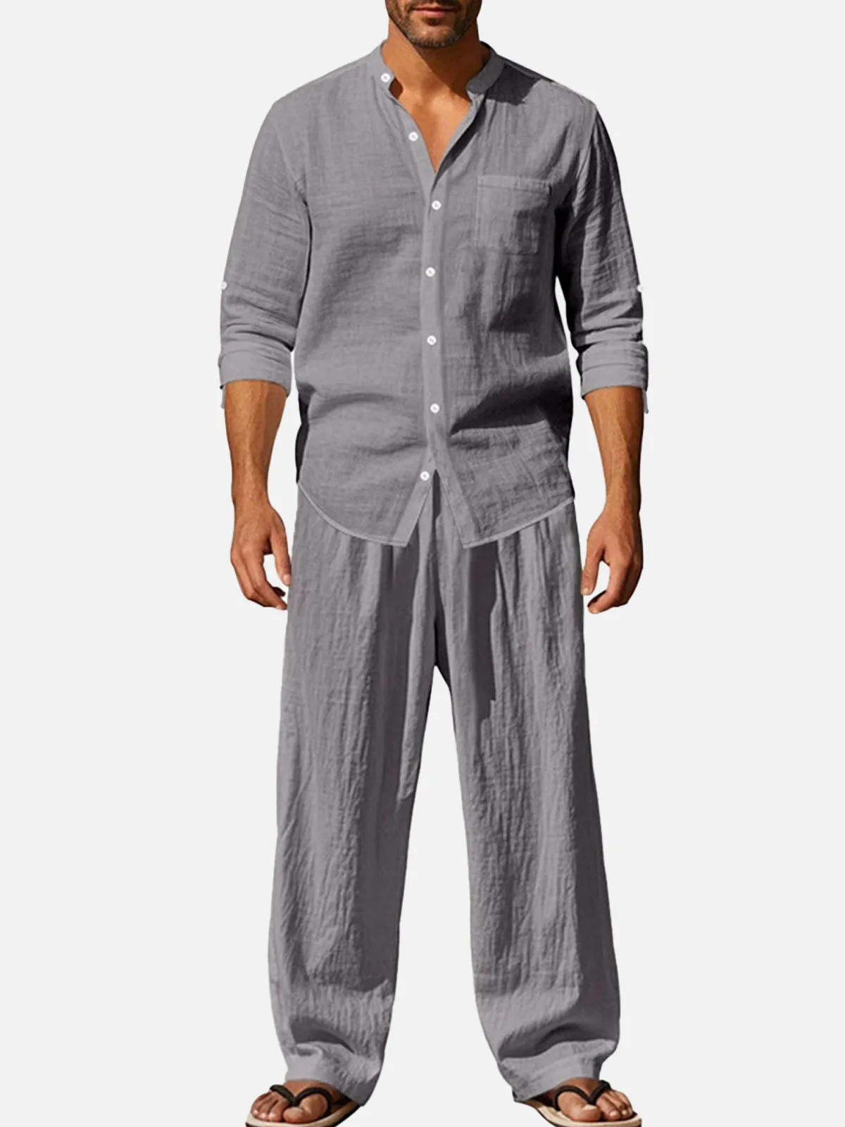 Men's Solid Color Linen Long Sleeve Elastic Waist Wide Leg Set Vacation Slow Living Linen Ensemble sold by Eleven Oasis product image thumbnail 5