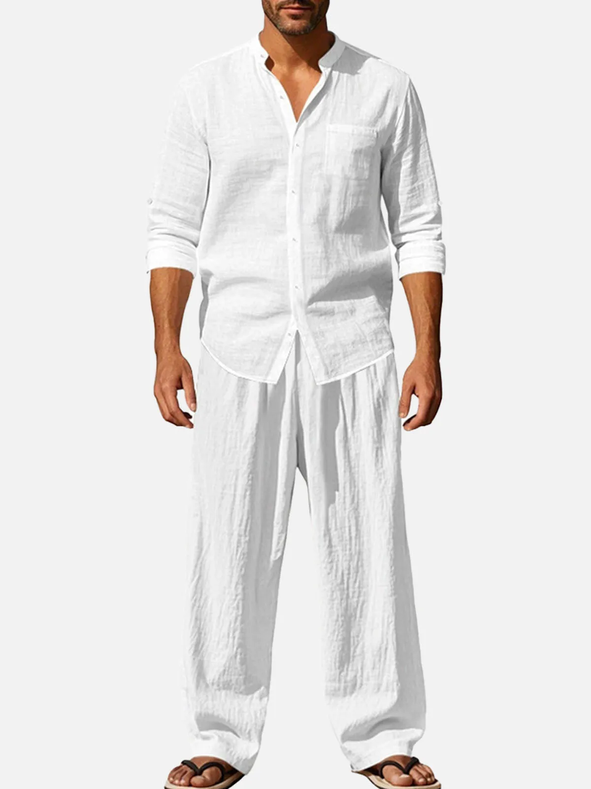 Men's Solid Color Linen Long Sleeve Elastic Waist Wide Leg Set Vacation Slow Living Linen Ensemble sold by Eleven Oasis