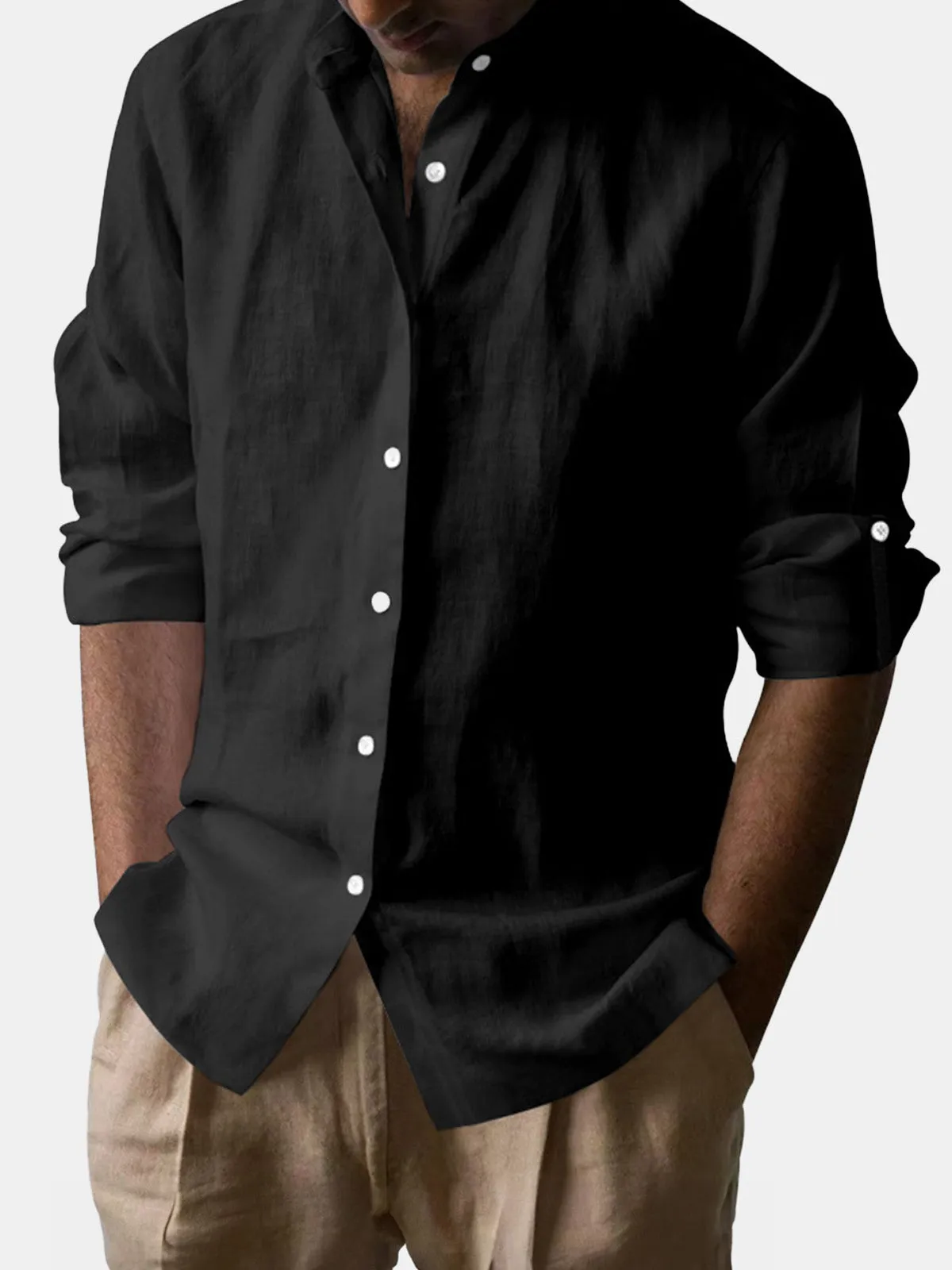 Men's Linen Blend Band Collar Long Sleeve Shirt sold by Eleven Oasis product image thumbnail 2