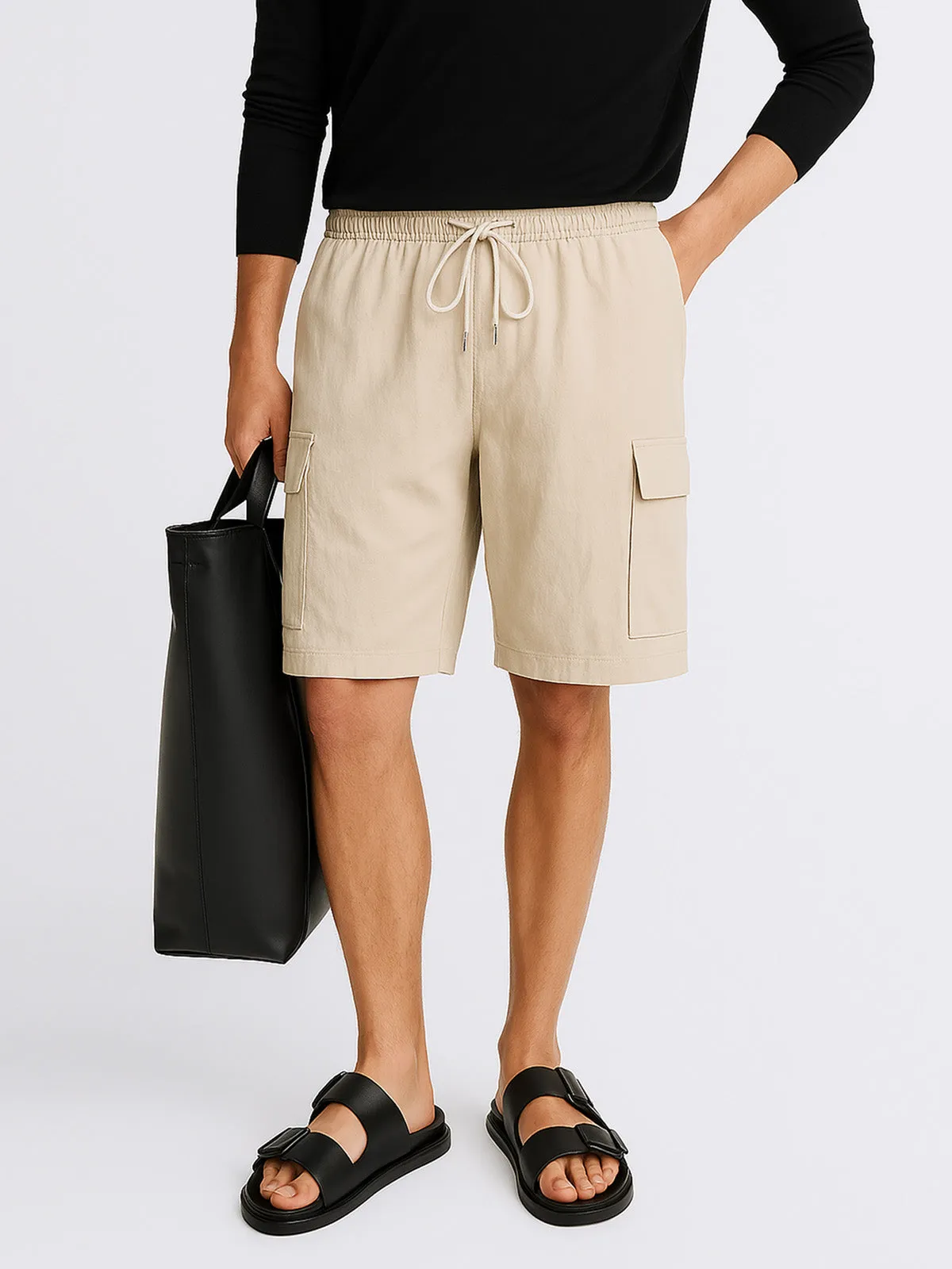 Men's Solid Color Linen Shorts Waist Drawstring Cargo Shorts sold by Eleven Oasis product image thumbnail 3