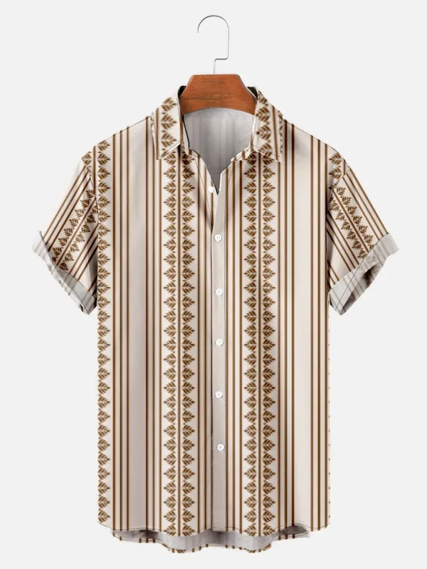 Tall Men's Traditional Folk Pattern Striped Short Sleeve Shirt sold by Eleven Oasis