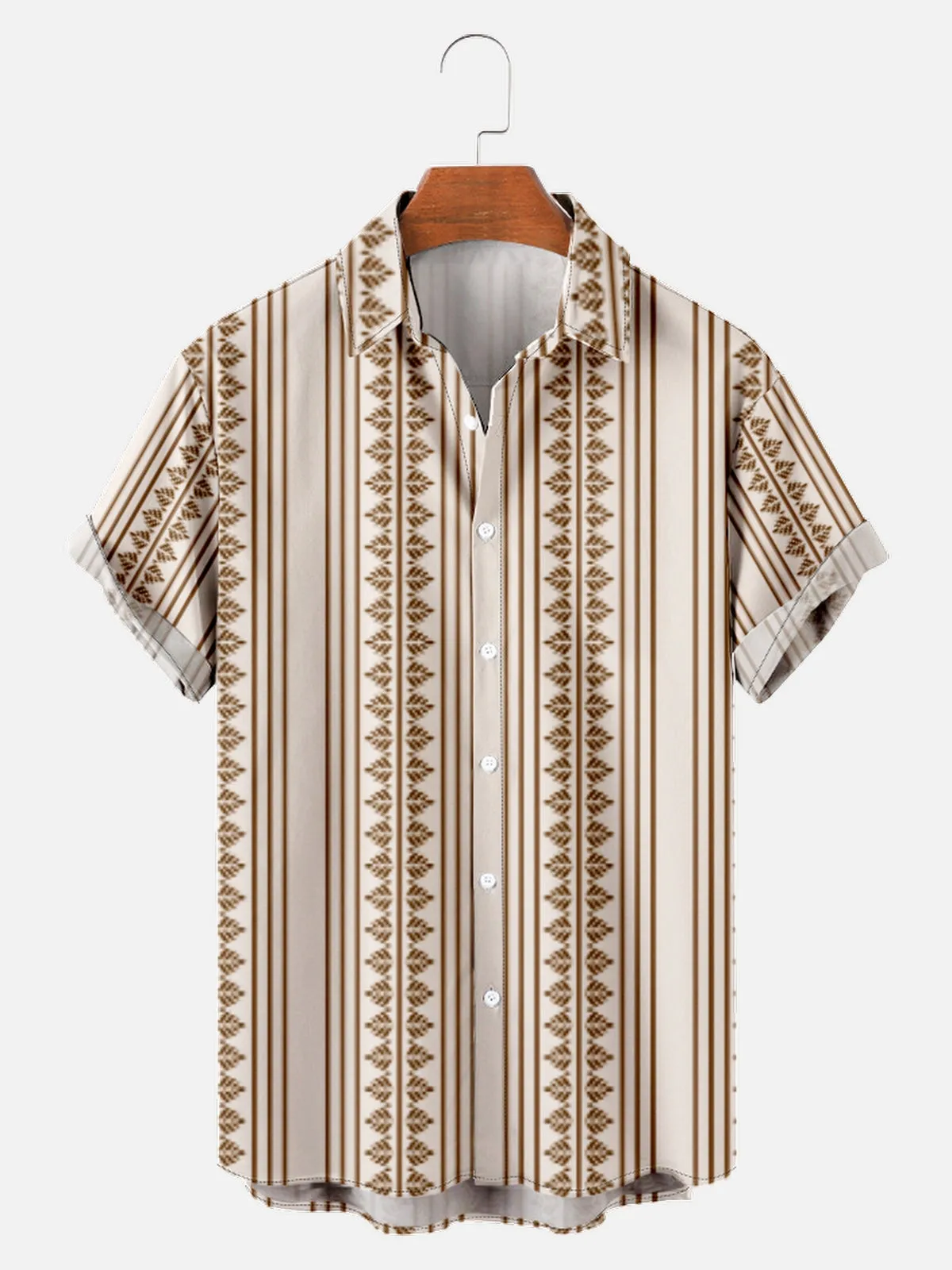 Tall Men's Traditional Folk Pattern Striped Short Sleeve Shirt sold by Eleven Oasis