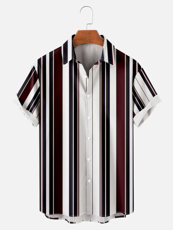 Tall Men's Everyday Dark Red Black and White Striped Short Sleeve Shirt sold by Eleven Oasis