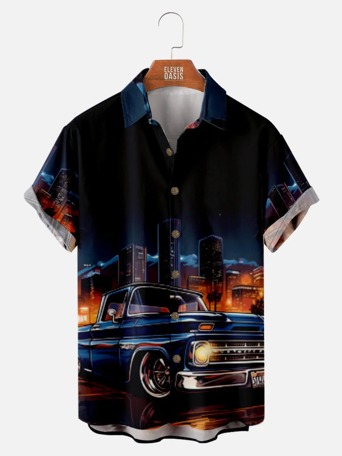 Tall Men's Classic Muscle Car City Night Short Sleeve Shirt sold by Eleven Oasis