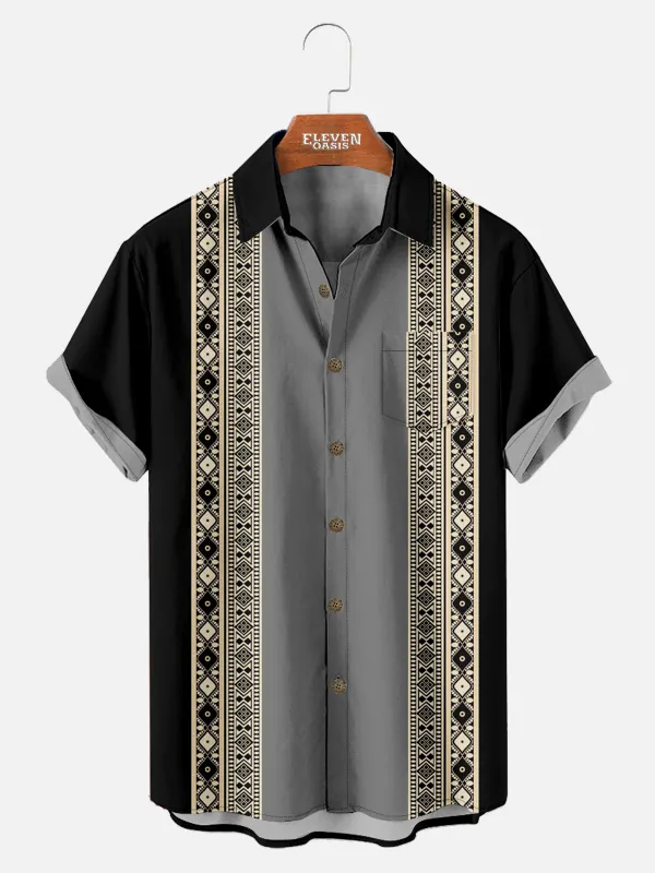 Tall Men's Geometric Stripes Pattern Panel Short Sleeve Shirt sold by Eleven Oasis