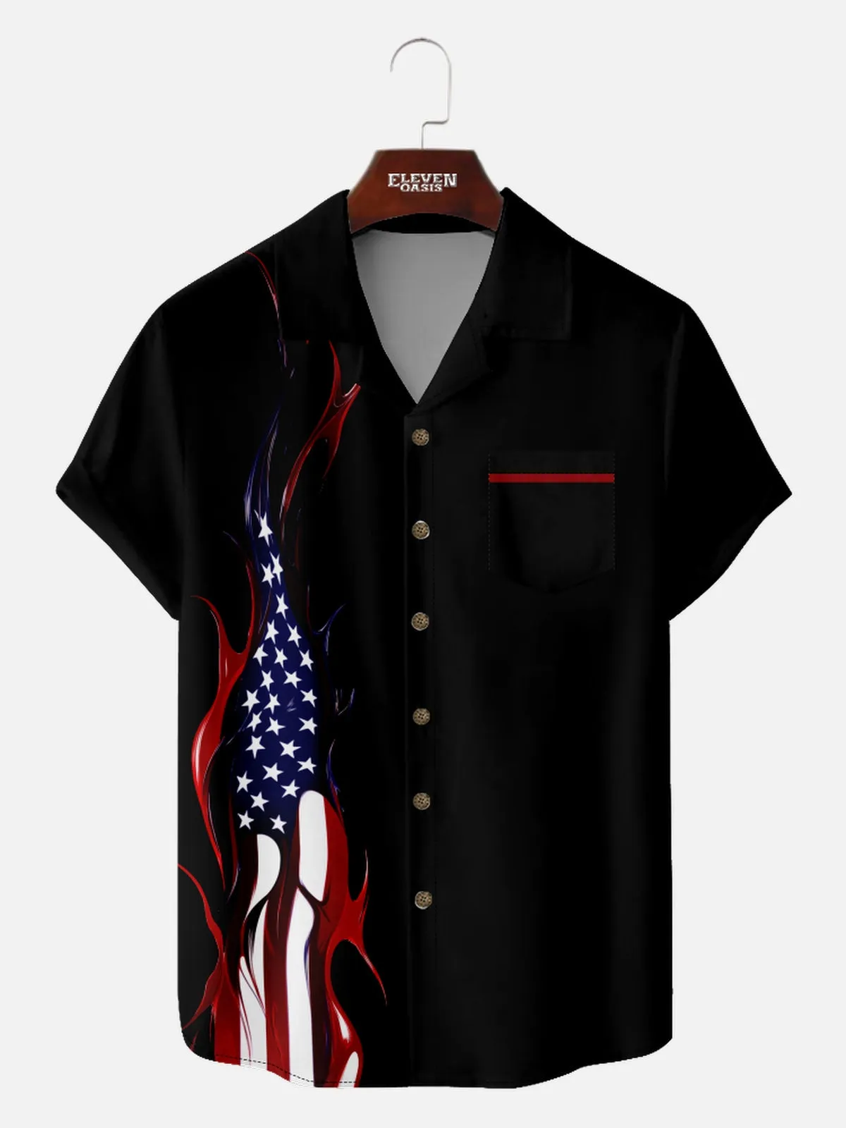 Men's American Pride Camp Collar Short Sleeve Shirt Flames of Freedom Flag sold by Eleven Oasis