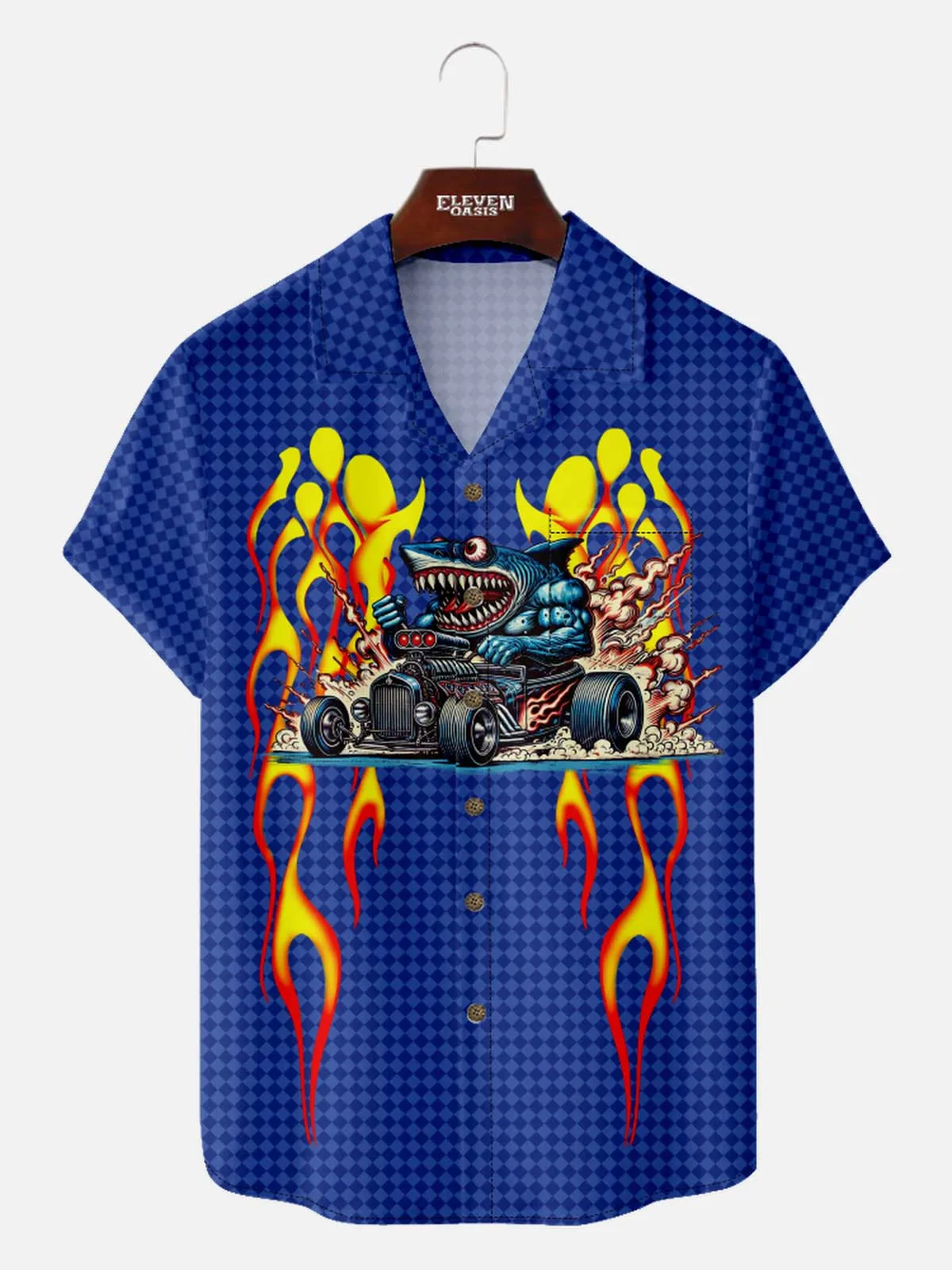 Men's HotRod & Automotive Camp Collar Short Sleeve Shirt Shark on Fire Muscle Car sold by Eleven Oasis