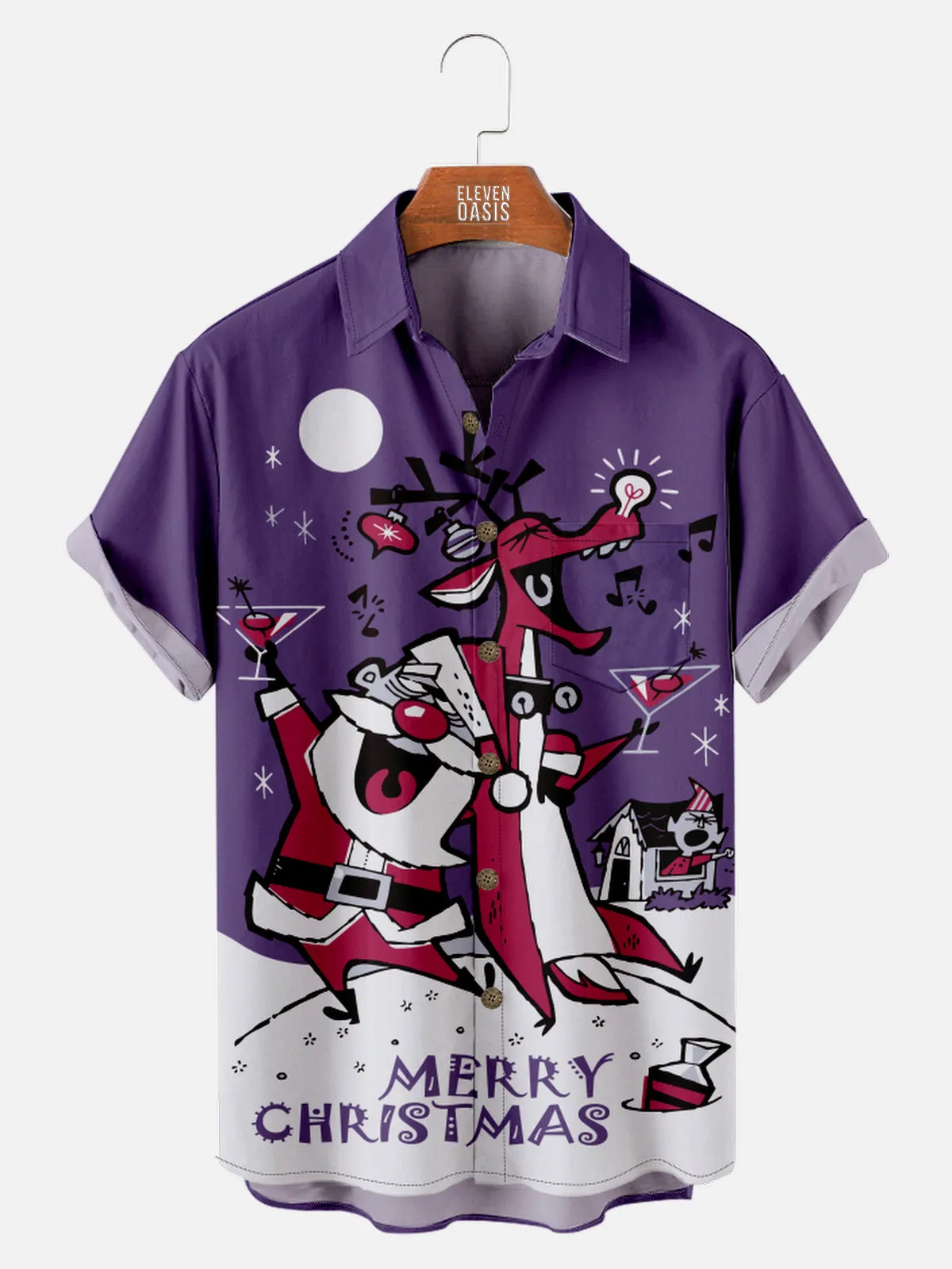 Tall Men's Drunk Santa and Reindeer Christmas Short Sleeve Shirt sold by Eleven Oasis