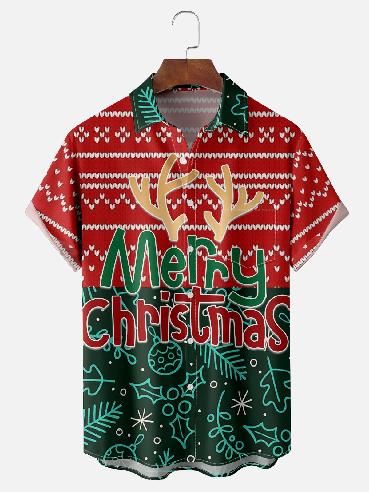 Tall Men's Antler Merry Christmas Knit-Inspired Short Sleeve Shirt sold by Eleven Oasis