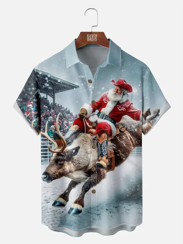 Tall Men's Cowboy Santa Buck-Riding Short Sleeve Shirt sold by Eleven Oasis