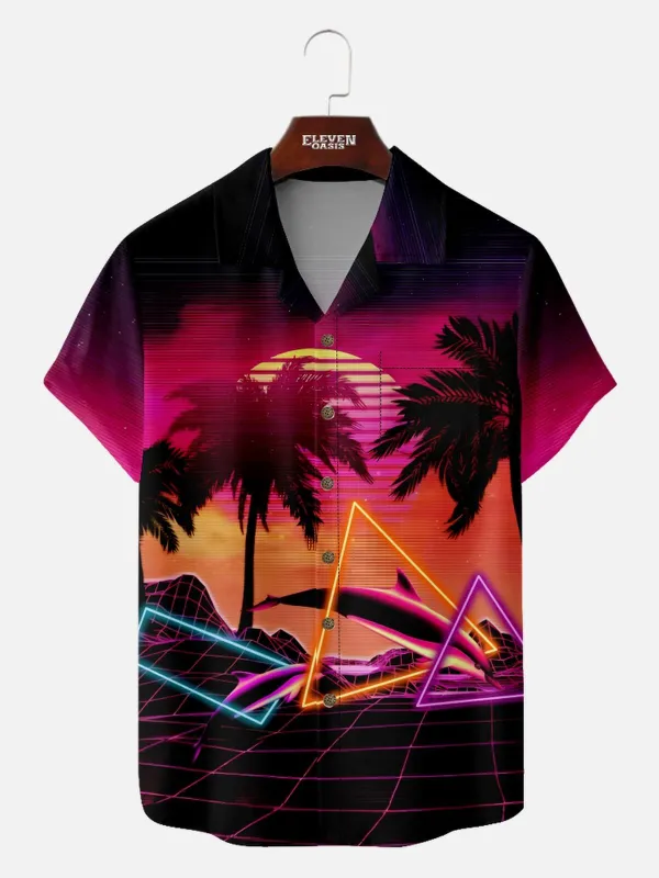Men's Synthwave Neon Beach Camp Collar Short Sleeve Shirt sold by Eleven Oasis