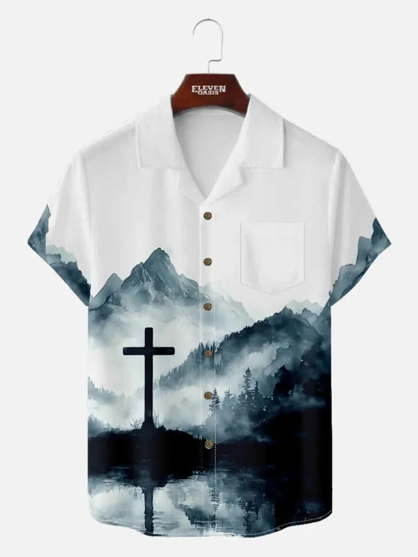 Men's Faith Camp Collar Short Sleeve Shirt Ink Wash Easter Cross sold by Eleven Oasis