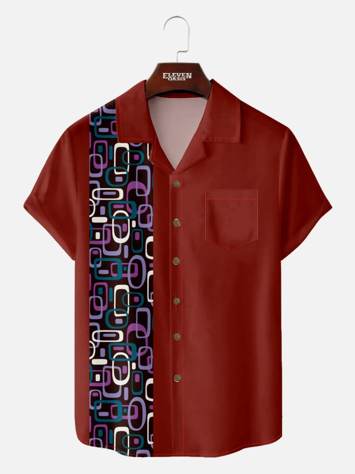 Men's Modern Art Camp Collar Short Sleeve Shirt Iconic 70s Pattern in Purple sold by Eleven Oasis