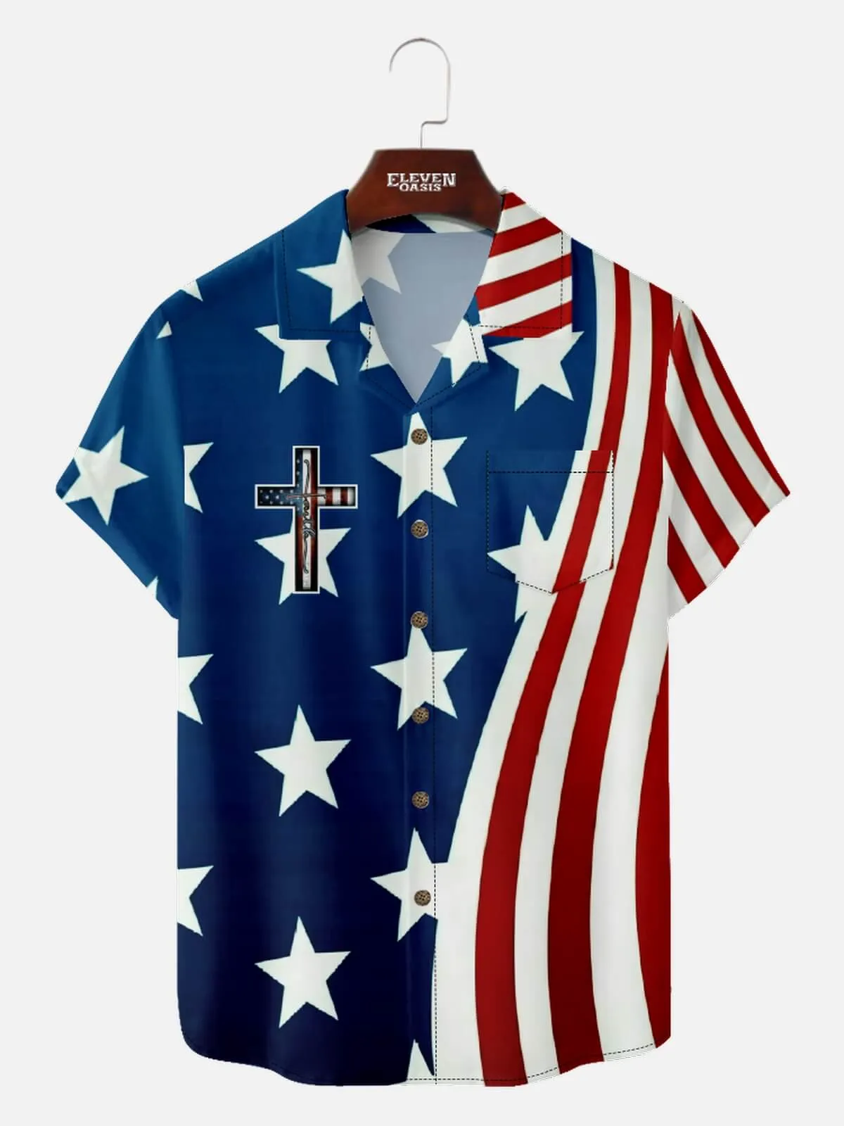 Men's Faith Camp Collar Short Sleeve Shirt American Pride Flag Cross sold by Eleven Oasis