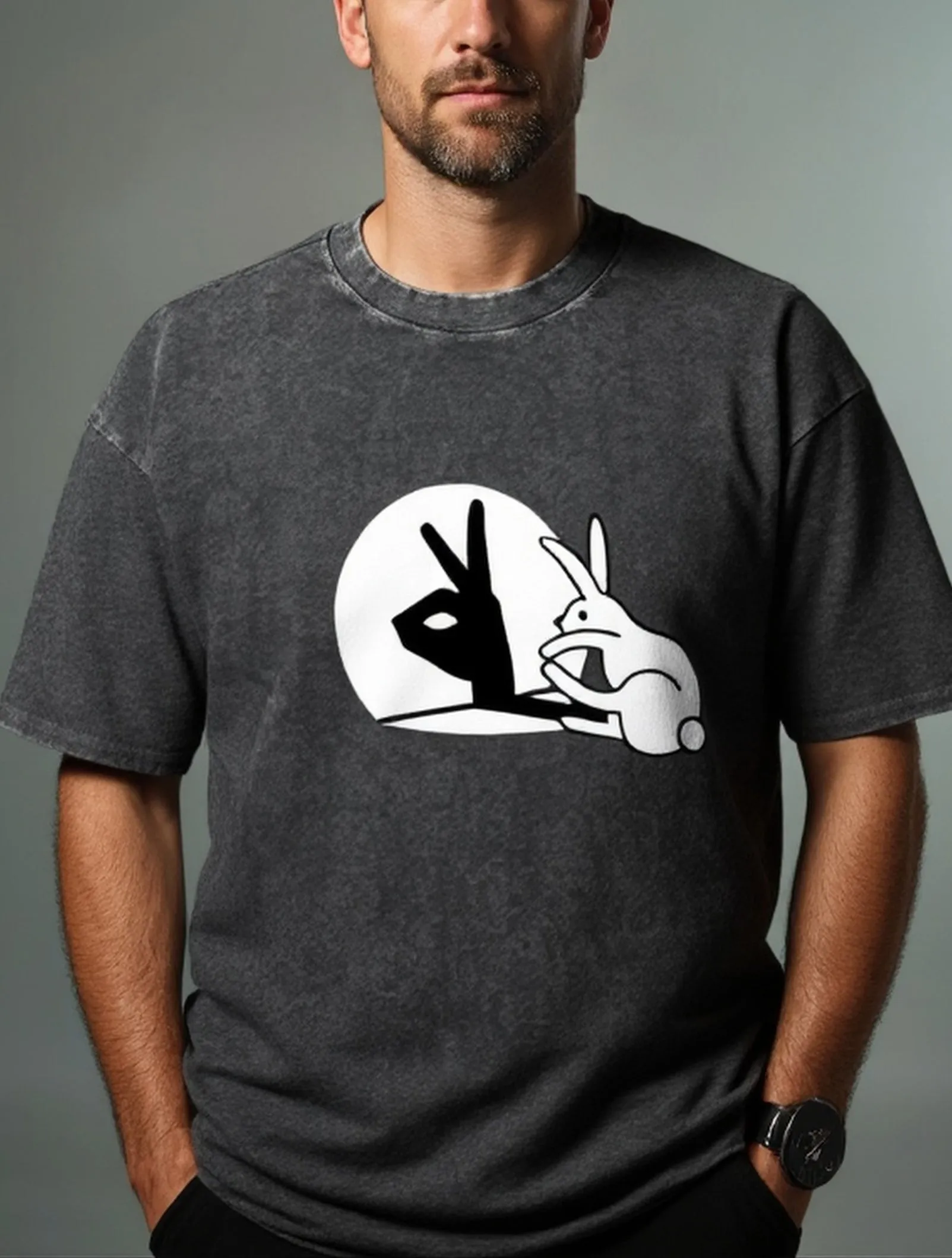 Easter Bunny Hand Shadow Puppet Acid Wash Cotton T-Shirt sold by Eleven Oasis product image thumbnail 2