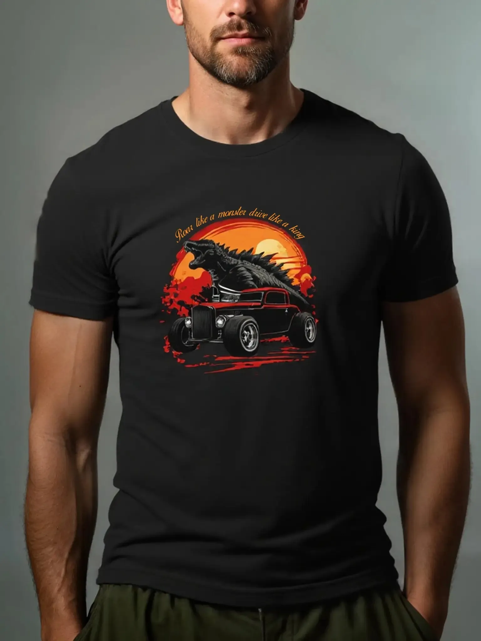 Roar Like a Monster Drive Like a King Godzilla Hot Rod Cotton T-Shirt sold by Eleven Oasis product image thumbnail 2