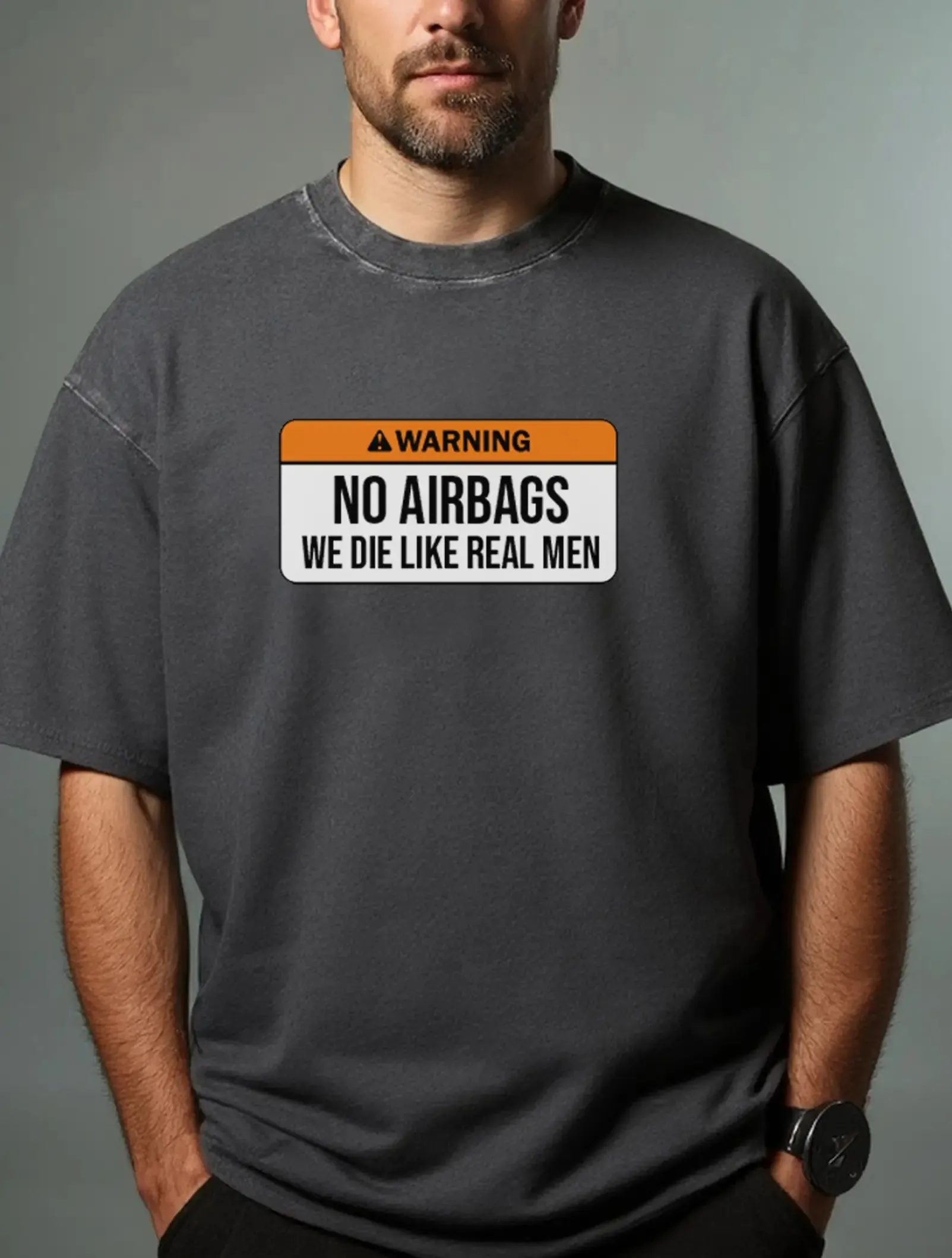 Warning No Airbags We Die Like Real Men Acid Wash Cotton T-Shirt sold by Eleven Oasis product image thumbnail 2