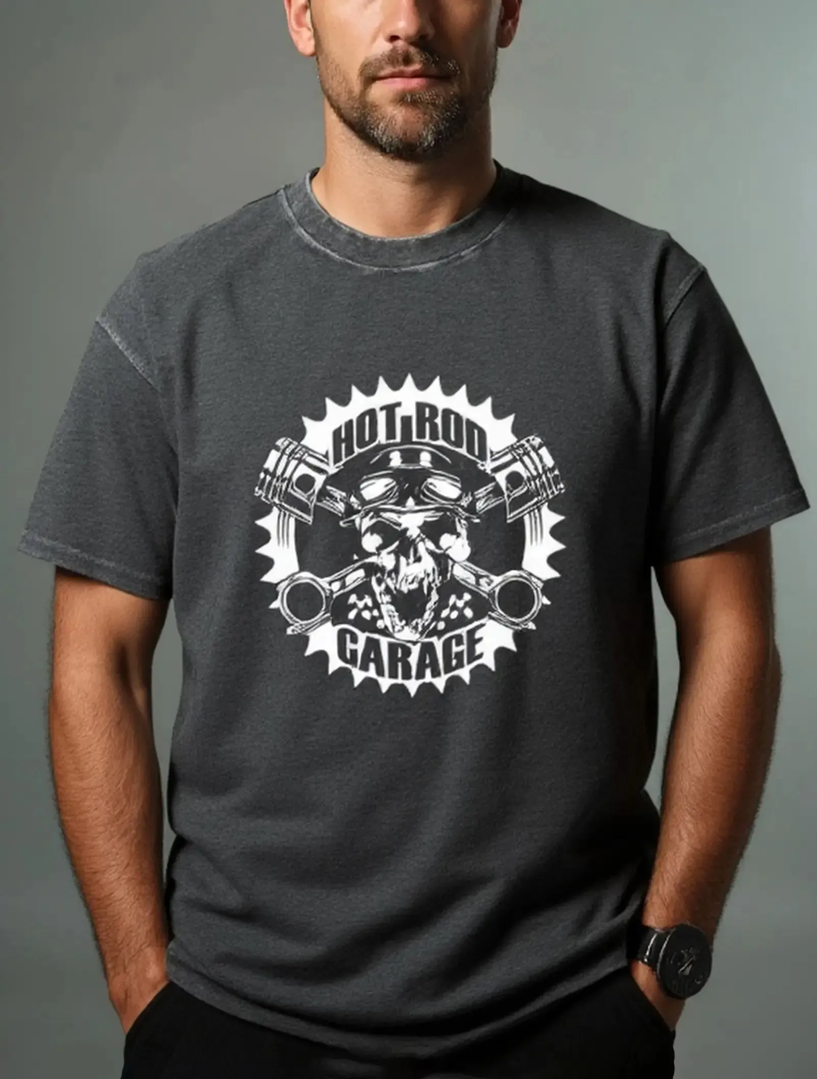 Hot Rod Garage Skull Piston Classic Artwork Acid Wash Cotton T-Shirt sold by Eleven Oasis product image thumbnail 2