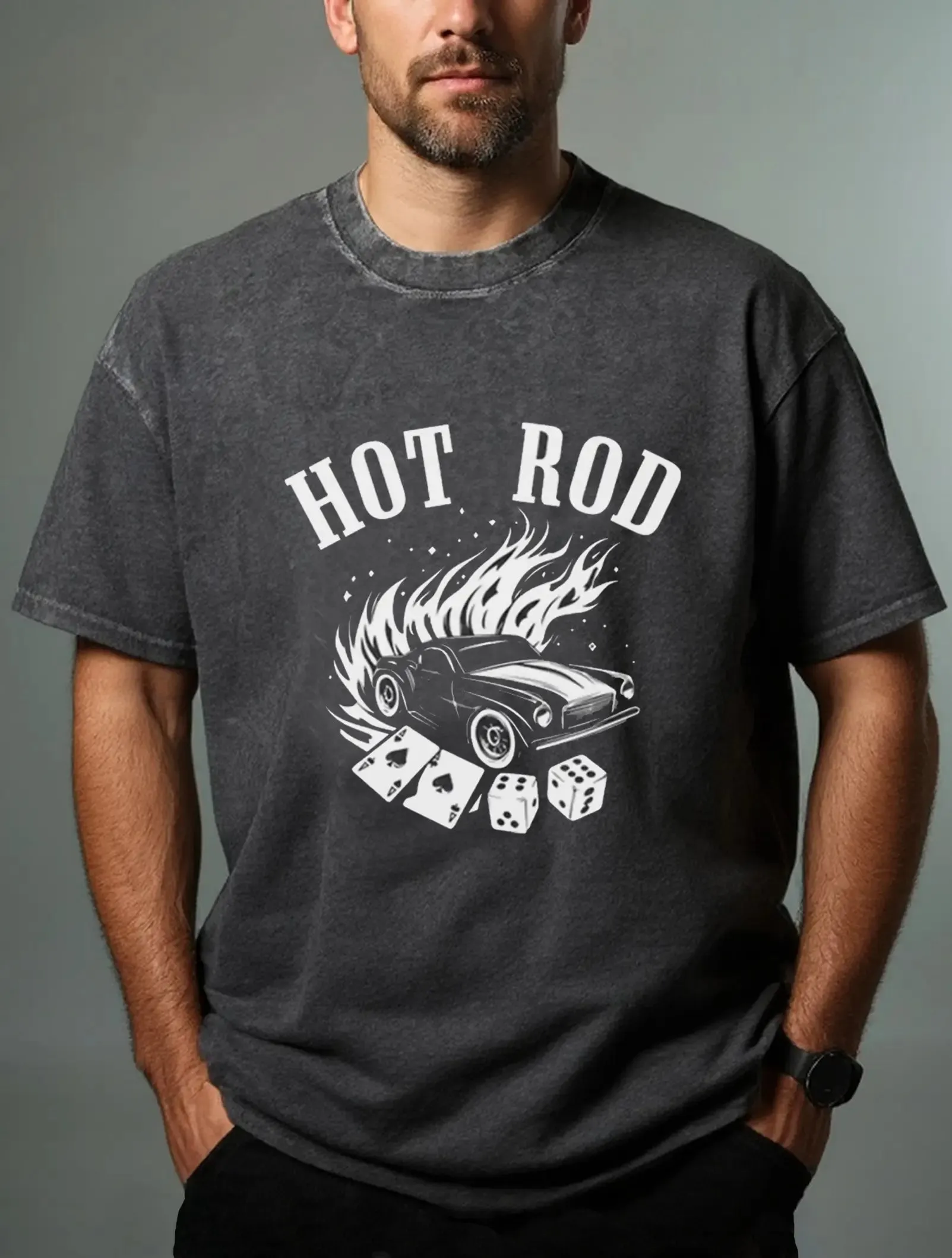 Hot Rod Flames Dice Vintage Car Acid Wash Cotton T-Shirt sold by Eleven Oasis product image thumbnail 2