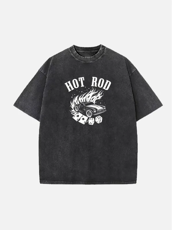 Hot Rod Flames Dice Vintage Car Acid Wash Cotton T-Shirt sold by Eleven Oasis