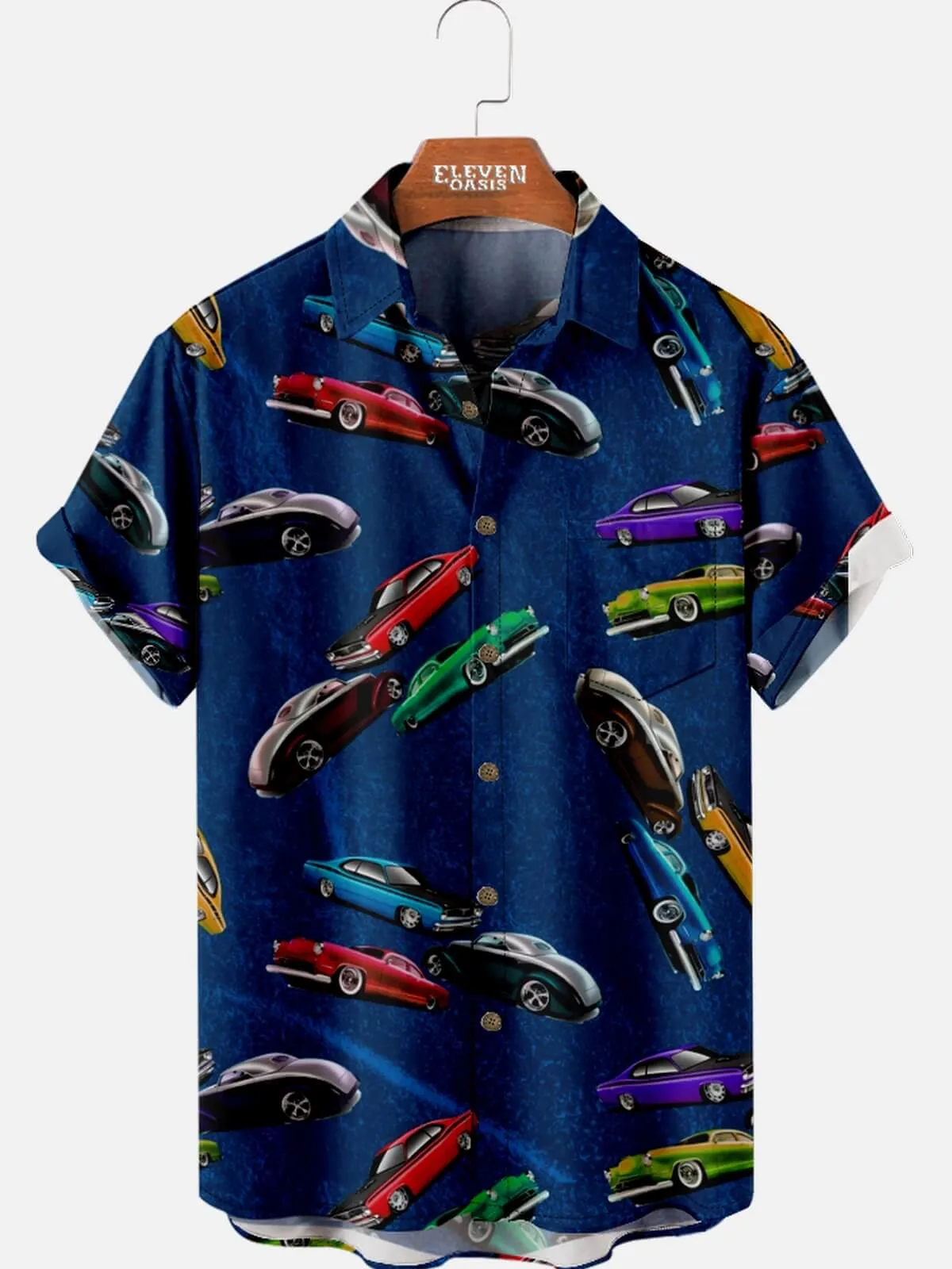 Men's Spread Collar Short Sleeve Shirts Retro Car Print sold by Eleven Oasis