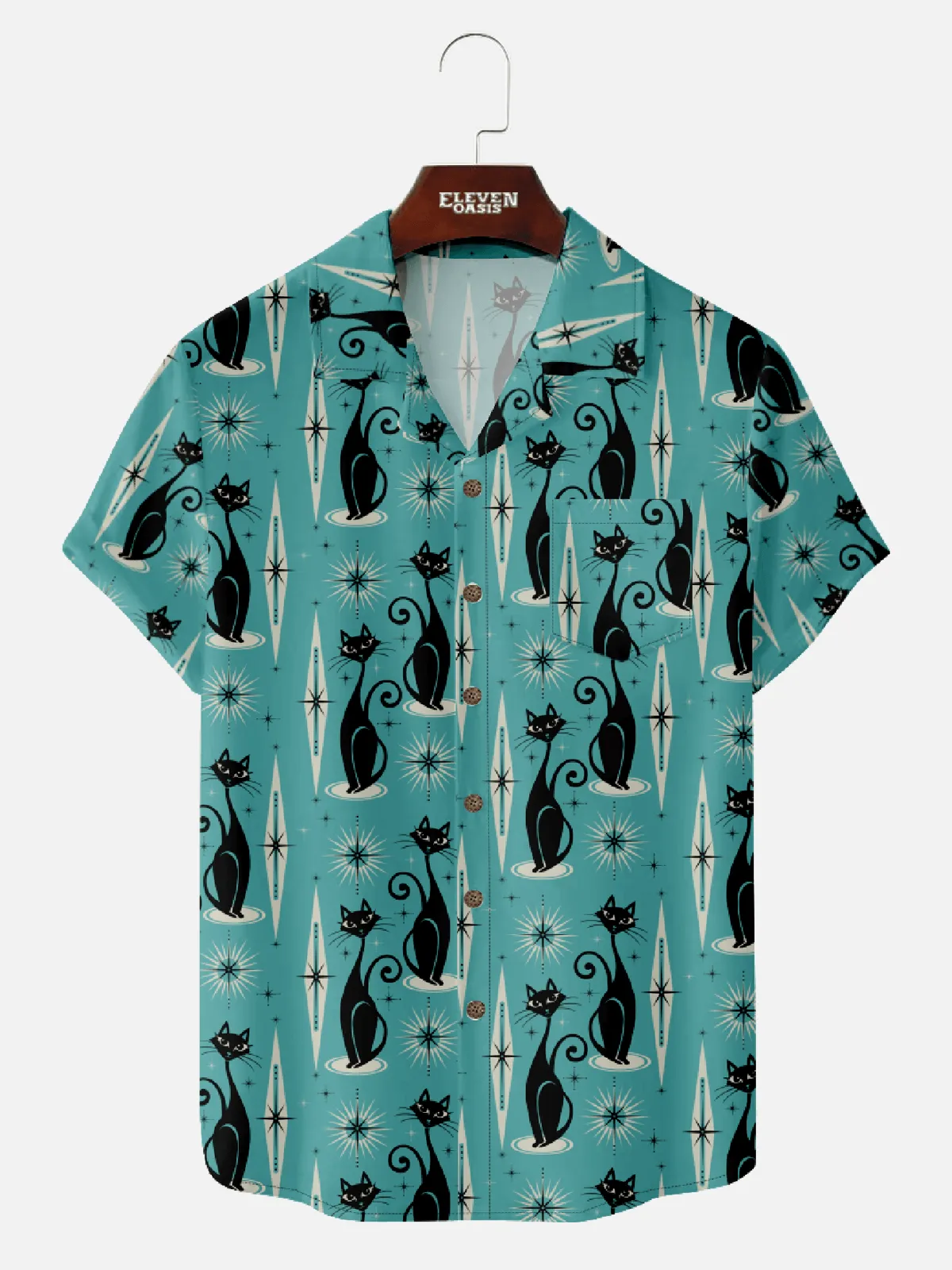 Men's Mid-Century Atomic Cat Short Sleeve Shirt sold by Eleven Oasis