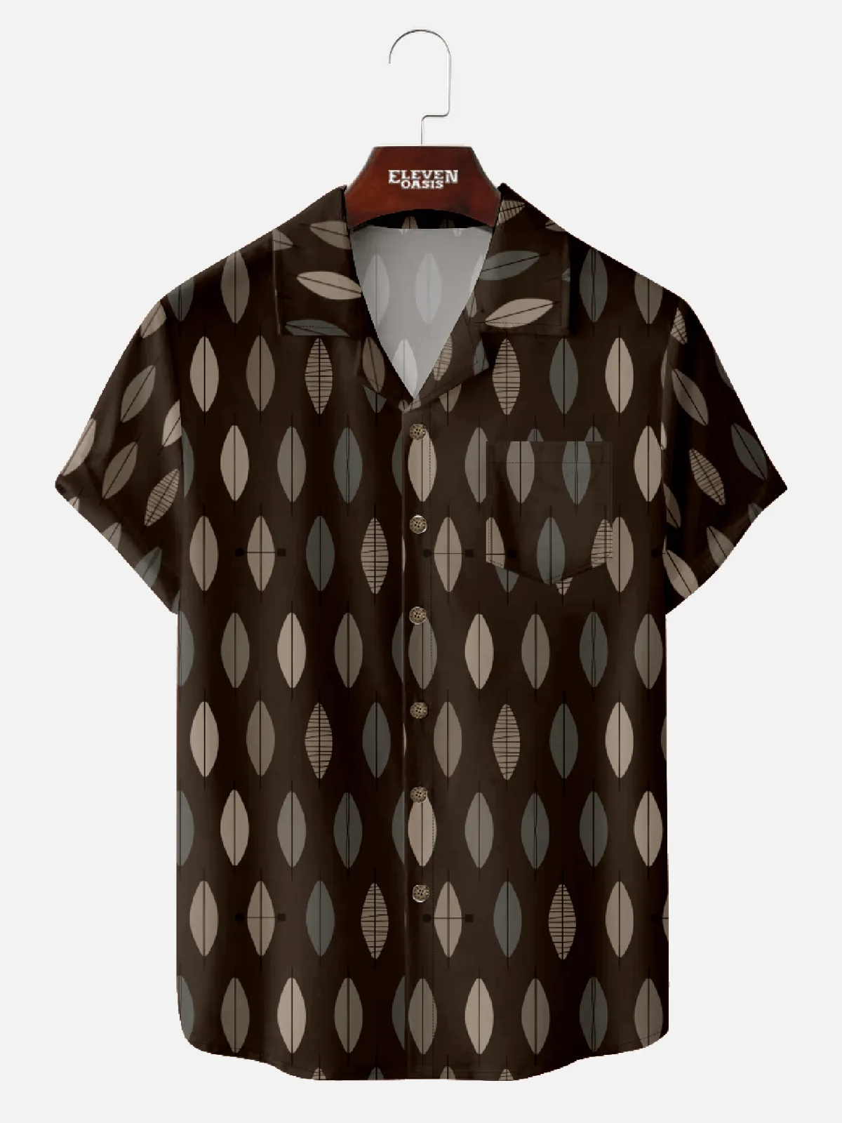 Men's Mid-Modern Art Camp Collar Short Sleeve Shirt - Oval Coffee Beans sold by Eleven Oasis