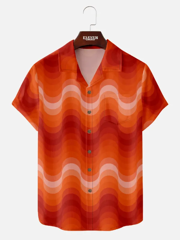 Men's Pop Art Camp Collar Short Sleeve Shirt - Modern Orange Gradient Wave Print sold by Eleven Oasis