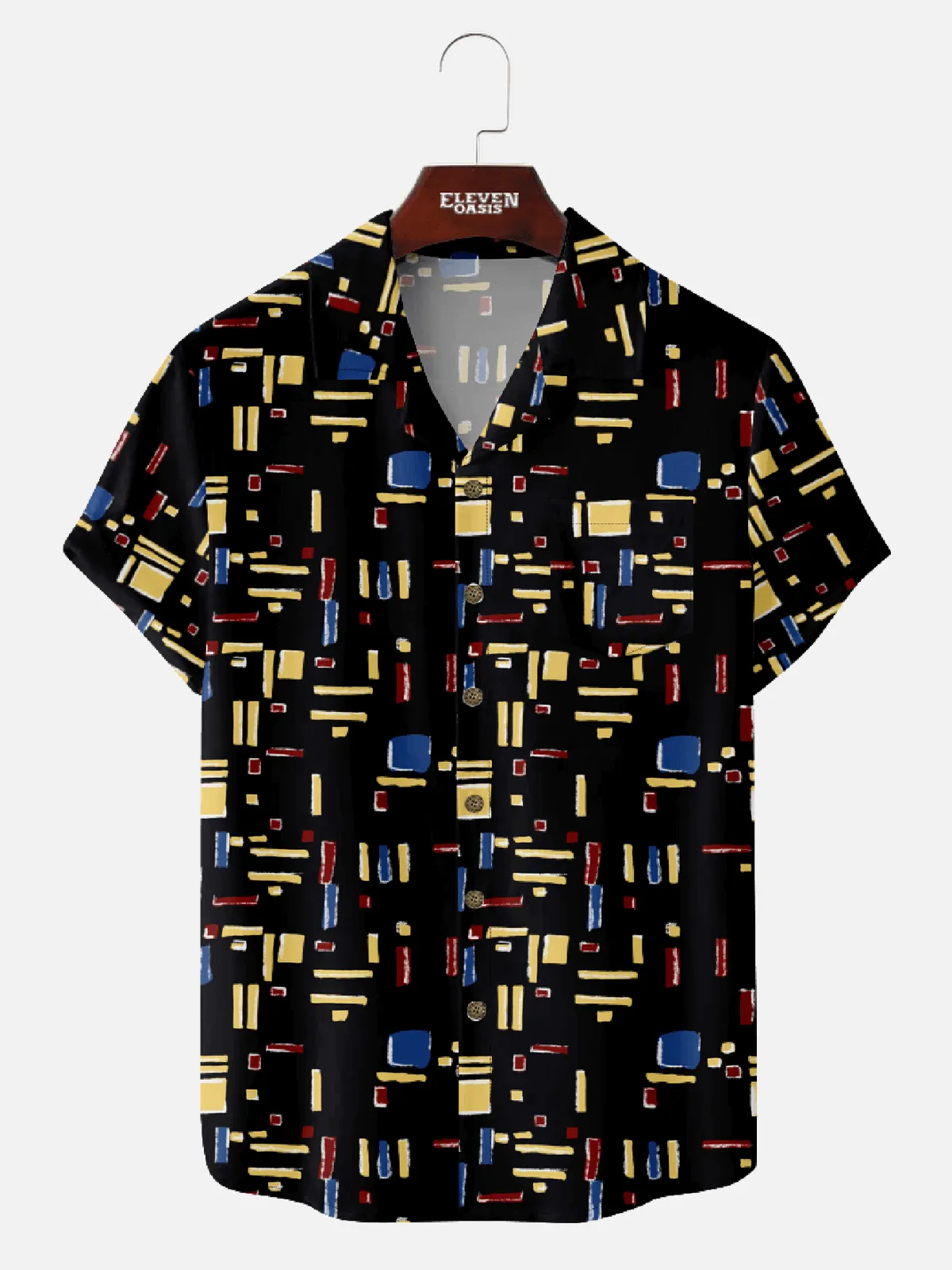 Men's Mid-Modern Camp Collar Short Sleeve Shirt - Retro Geometric Rectangular Pattern sold by Eleven Oasis