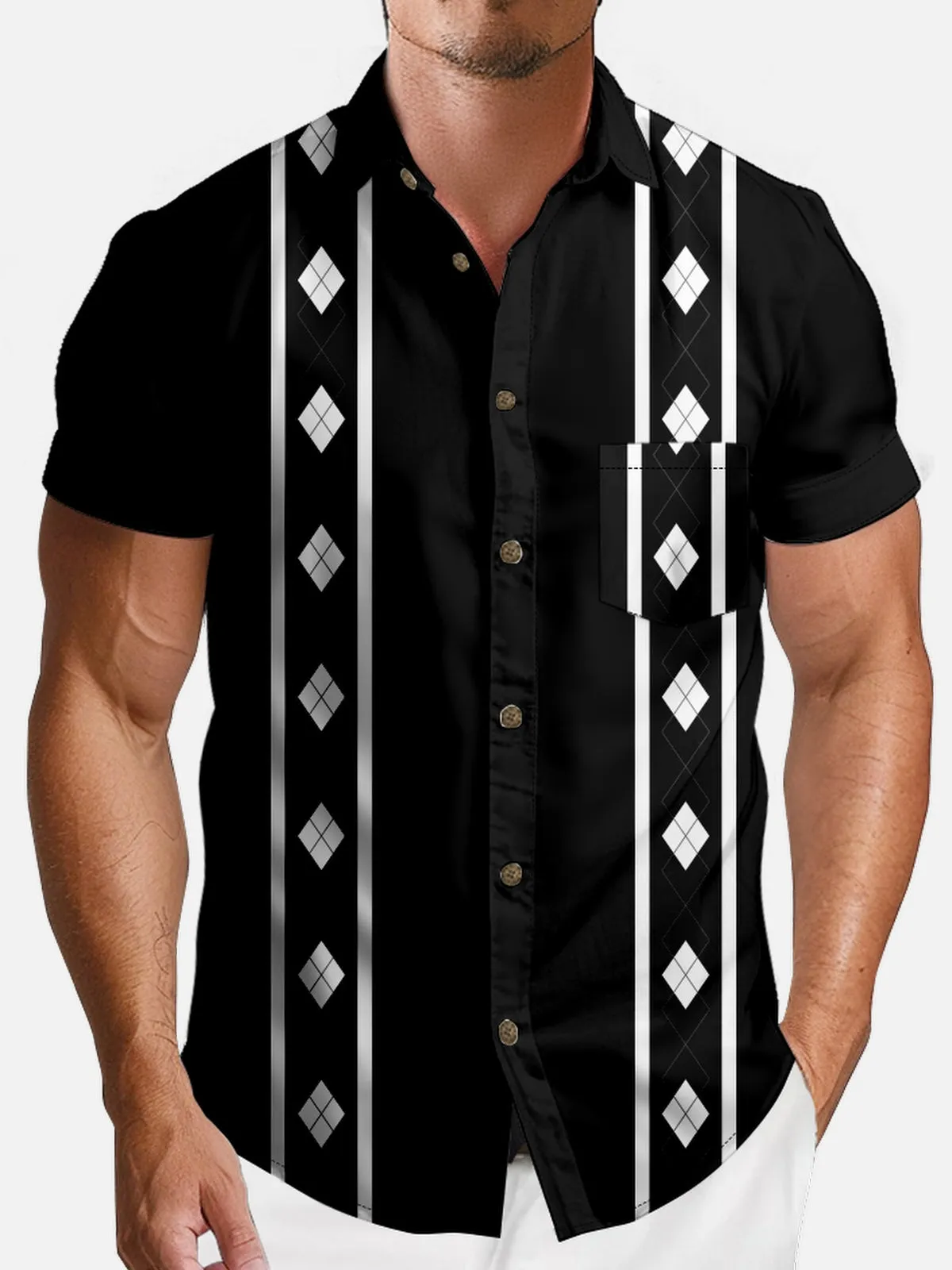 Men's Retro Diamond Stripe Short Sleeve Shirt - Chandler Bing Wardrobe sold by Eleven Oasis product image thumbnail 3