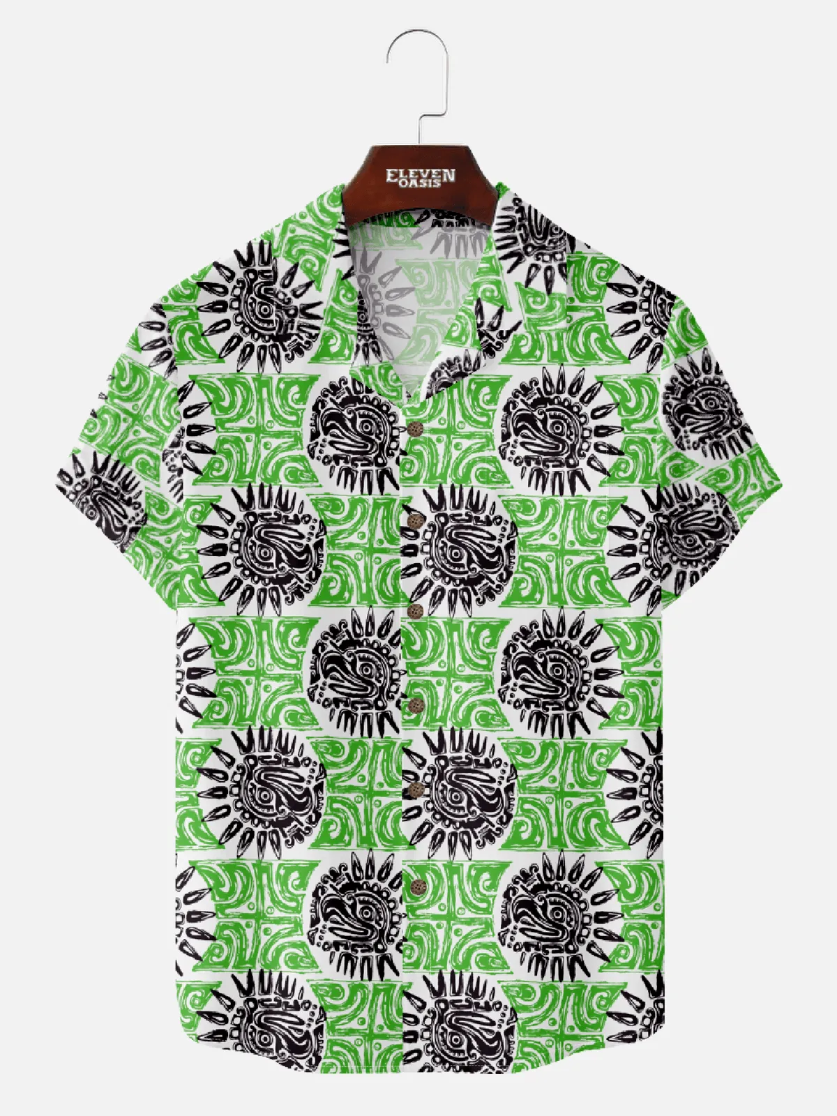 Men's Tiki-Inspired Tribal Hawaiian Short Sleeve Shirt - Cosmo Kramer Wardrobe sold by Eleven Oasis